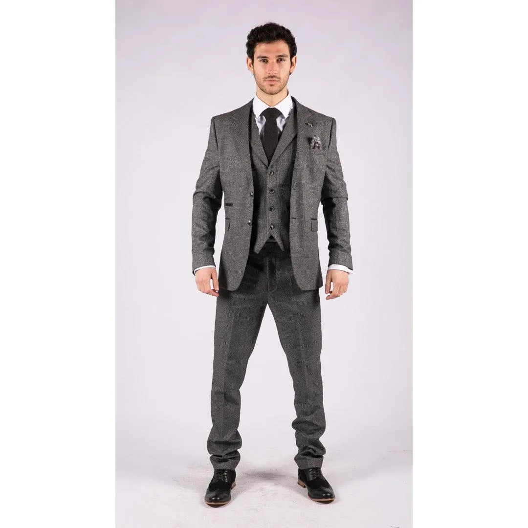 Mens Classic 3 Piece Suit Prince Of Wales Check Grey Tailored Fit Vintage Wedding