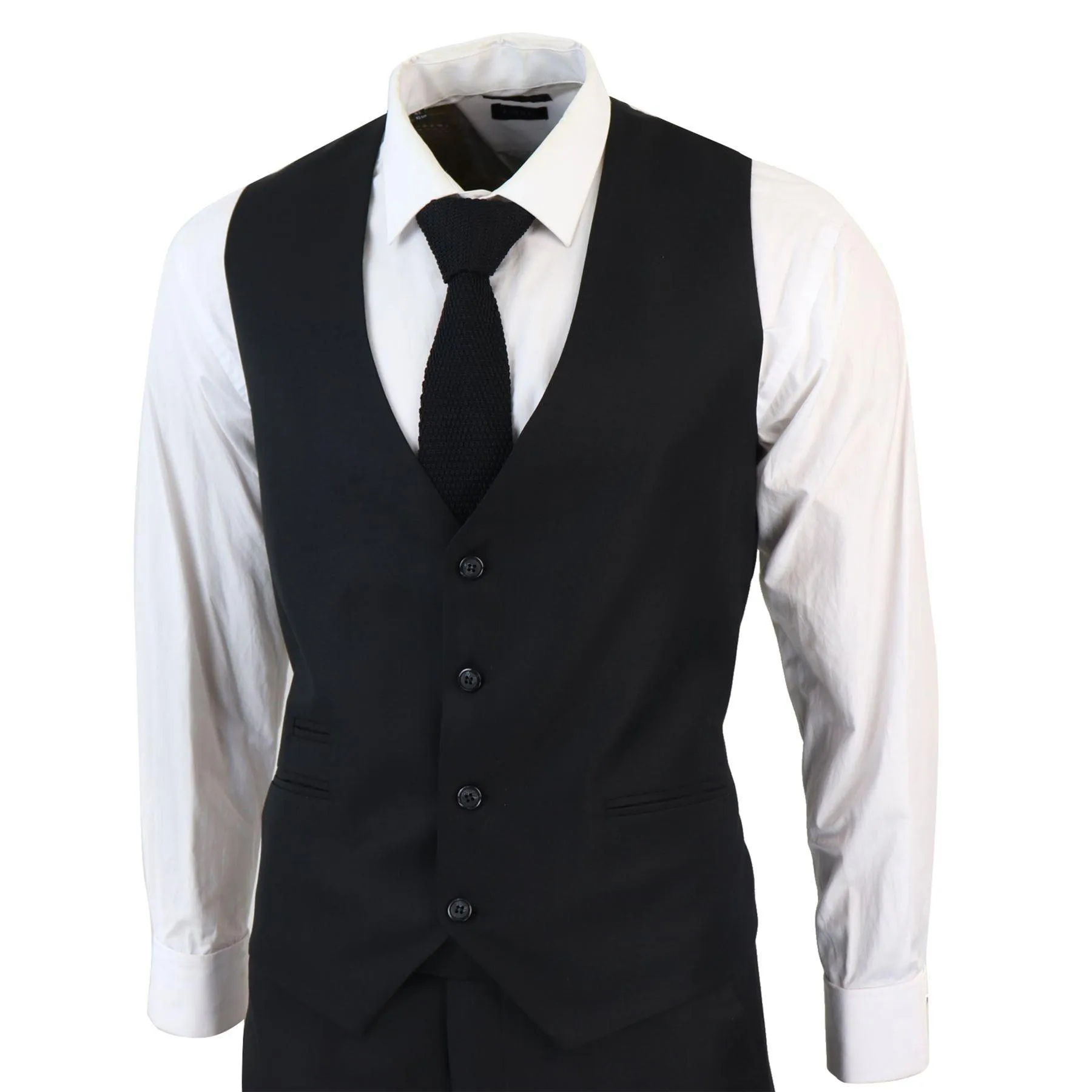 Men's Classic Black Suit 3 Piece Tailored Fit Vintage Office Funeral Security Waiter Wedding