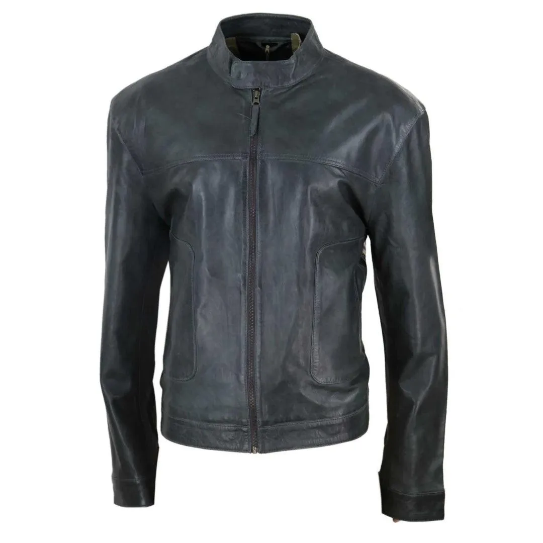 Mens Classic Casual Genuine Leather Biker Style Jacket Collarless Retro