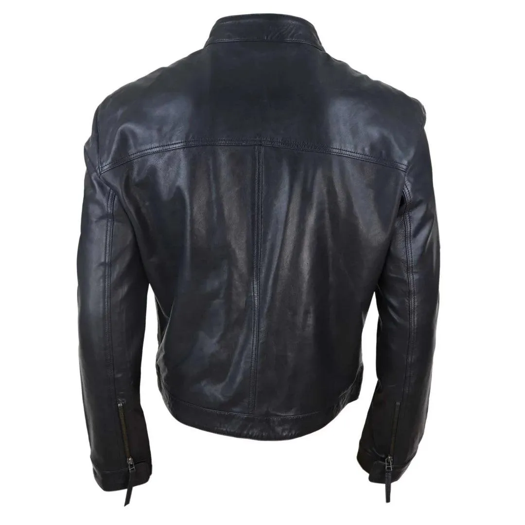 Mens Classic Casual Genuine Leather Biker Style Jacket Collarless Retro