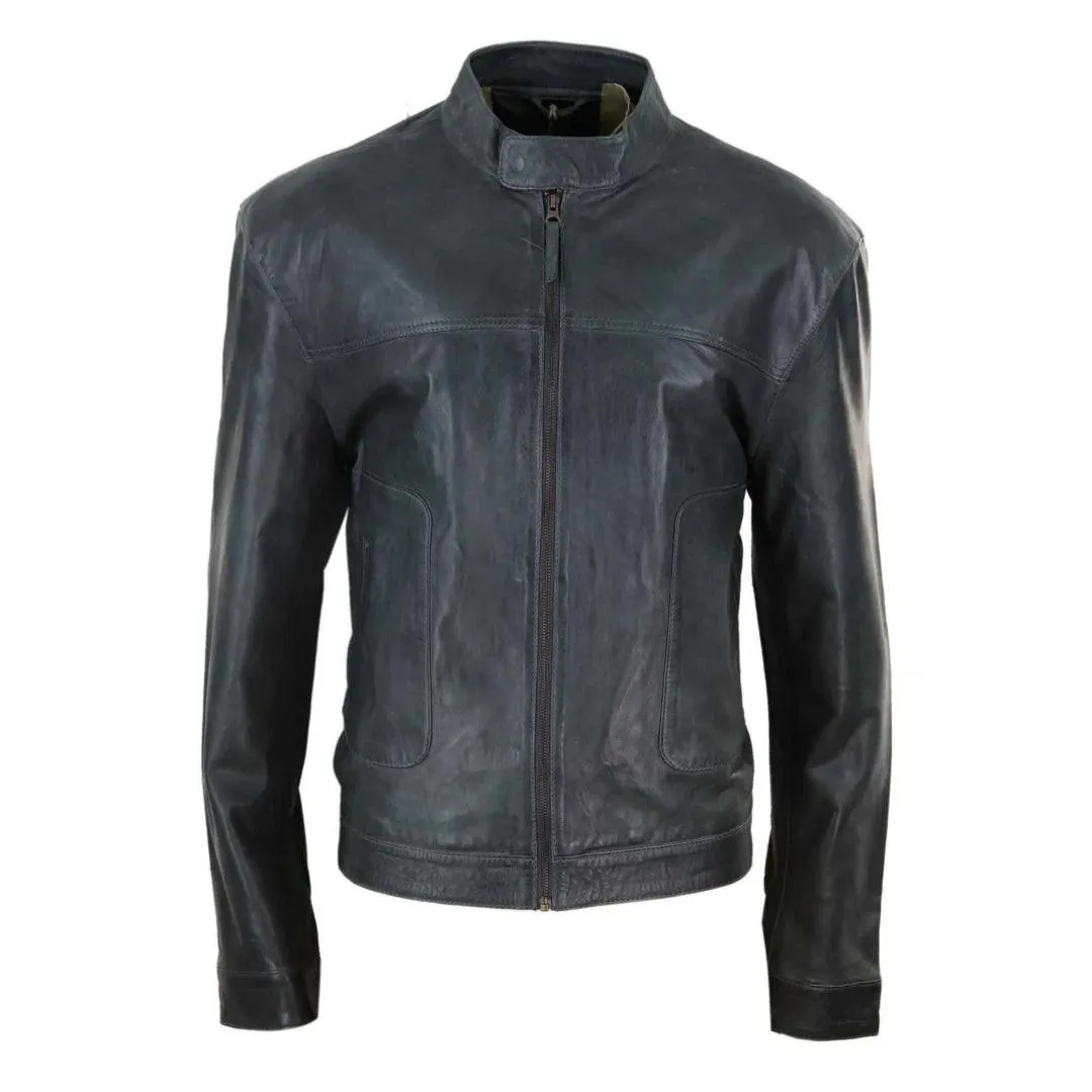 Mens Classic Casual Genuine Leather Biker Style Jacket Collarless Retro