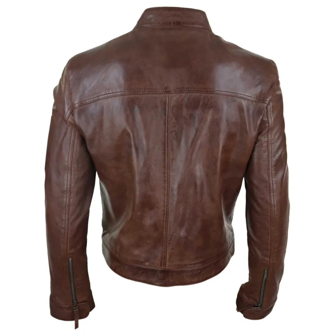 Mens Classic Casual Genuine Leather Biker Style Jacket Collarless Retro