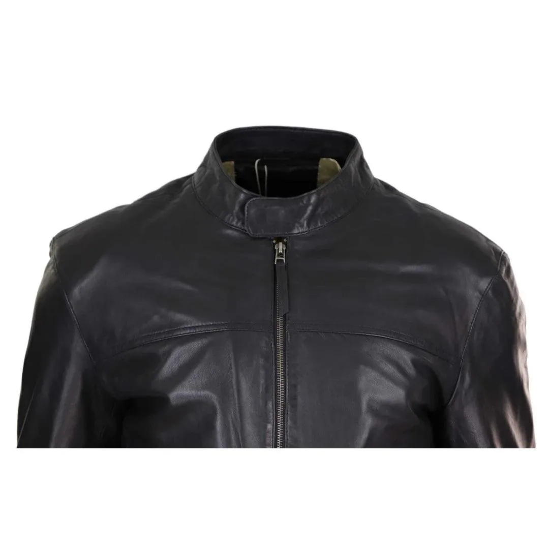 Mens Classic Casual Genuine Leather Biker Style Jacket Collarless Retro