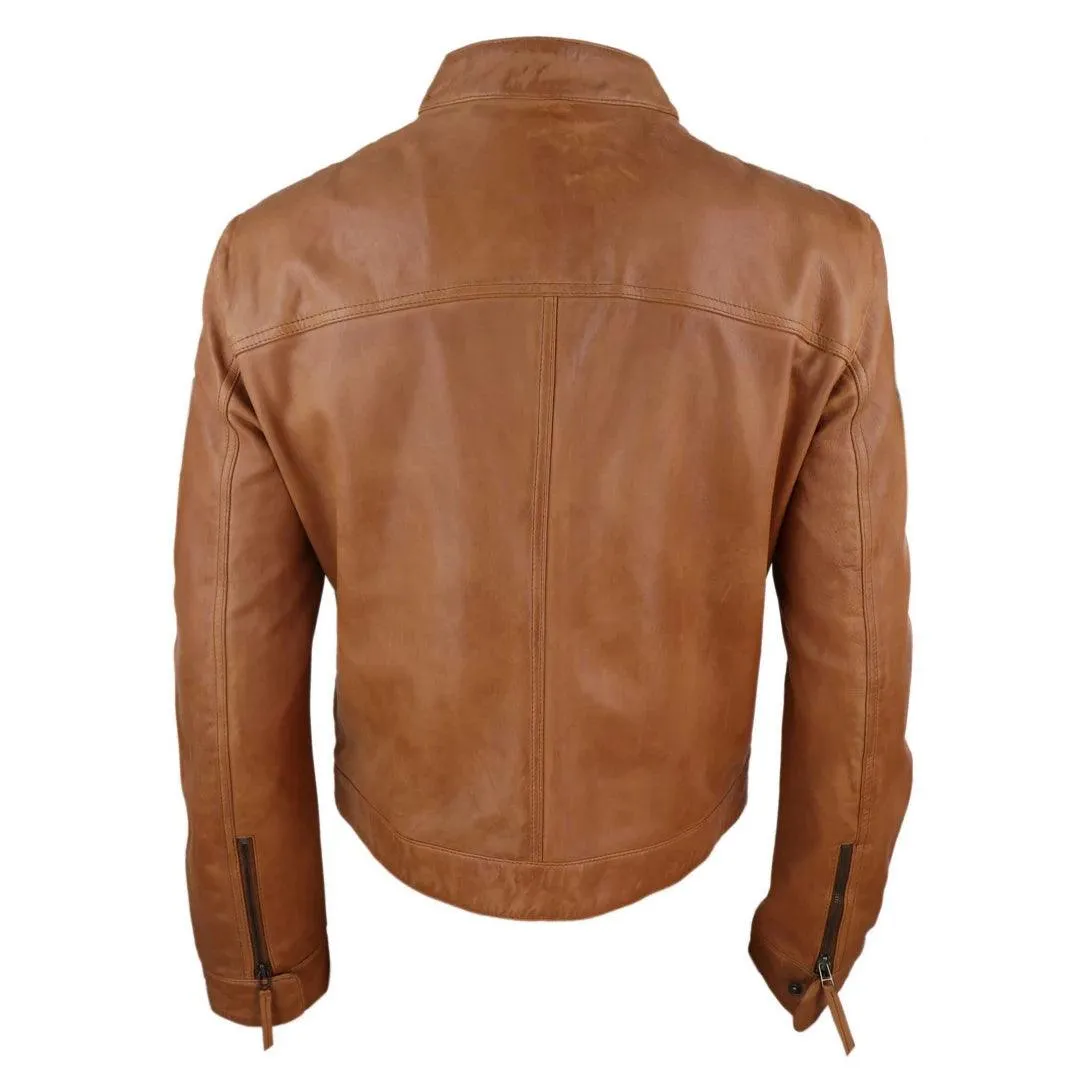 Mens Classic Casual Genuine Leather Biker Style Jacket Collarless Retro