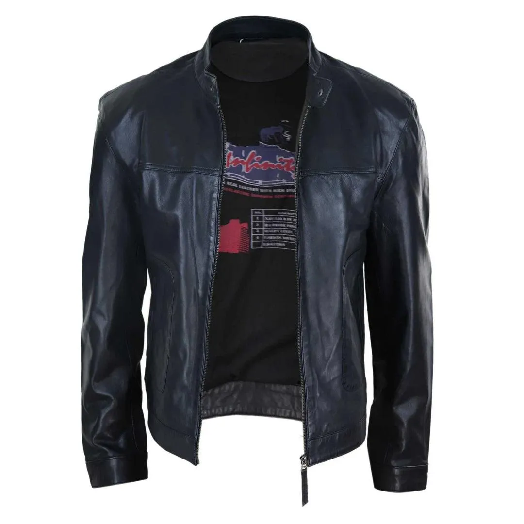 Mens Classic Casual Genuine Leather Biker Style Jacket Collarless Retro