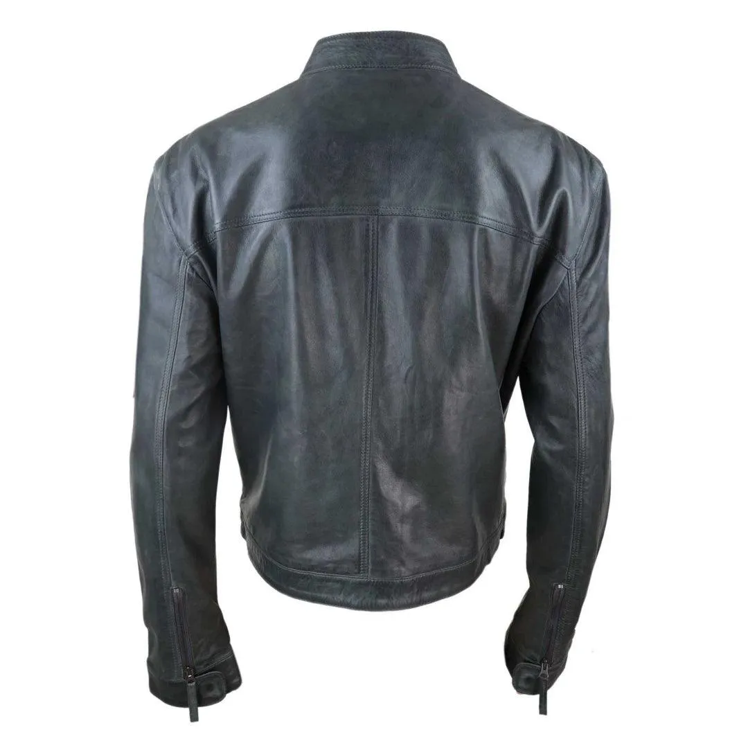 Mens Classic Casual Genuine Leather Biker Style Jacket Collarless Retro