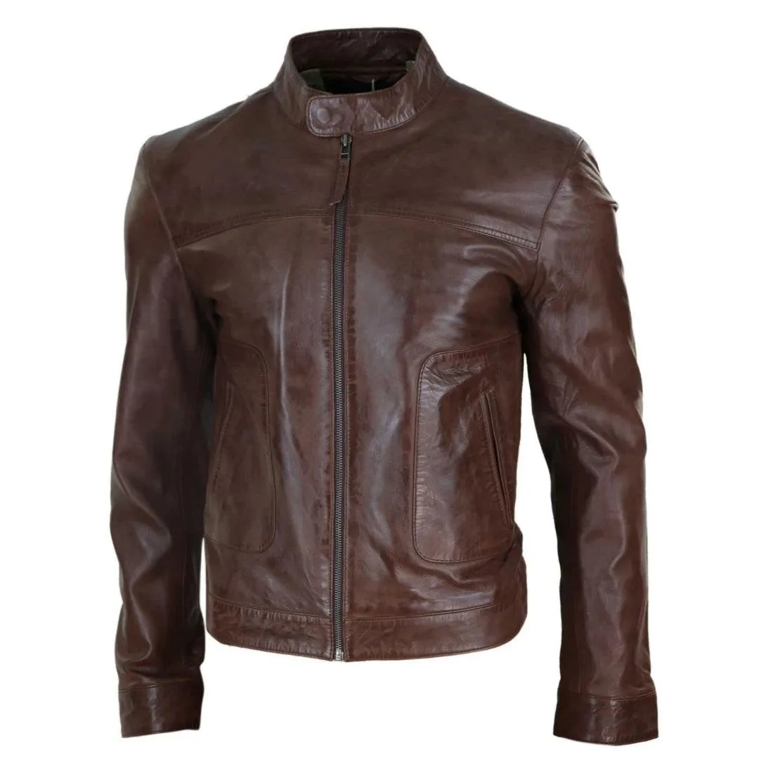 Mens Classic Casual Genuine Leather Biker Style Jacket Collarless Retro