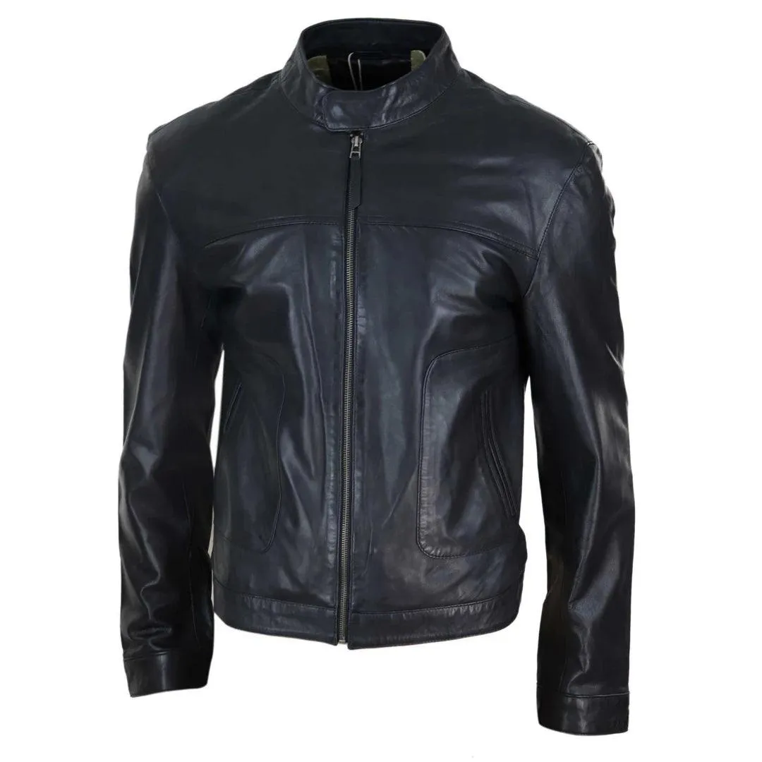 Mens Classic Casual Genuine Leather Biker Style Jacket Collarless Retro