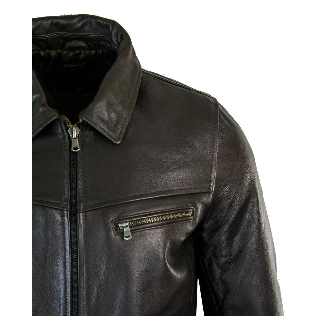 Mens Classic Real Leather Soft Hide Zipped Collar Box Jacket Smart Casual Fit