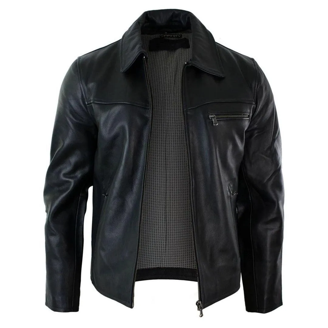 Mens Classic Real Leather Soft Hide Zipped Collar Box Jacket Smart Casual Fit