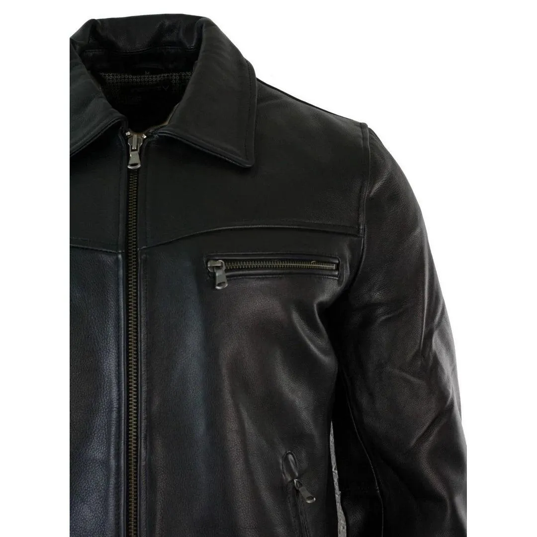 Mens Classic Real Leather Soft Hide Zipped Collar Box Jacket Smart Casual Fit