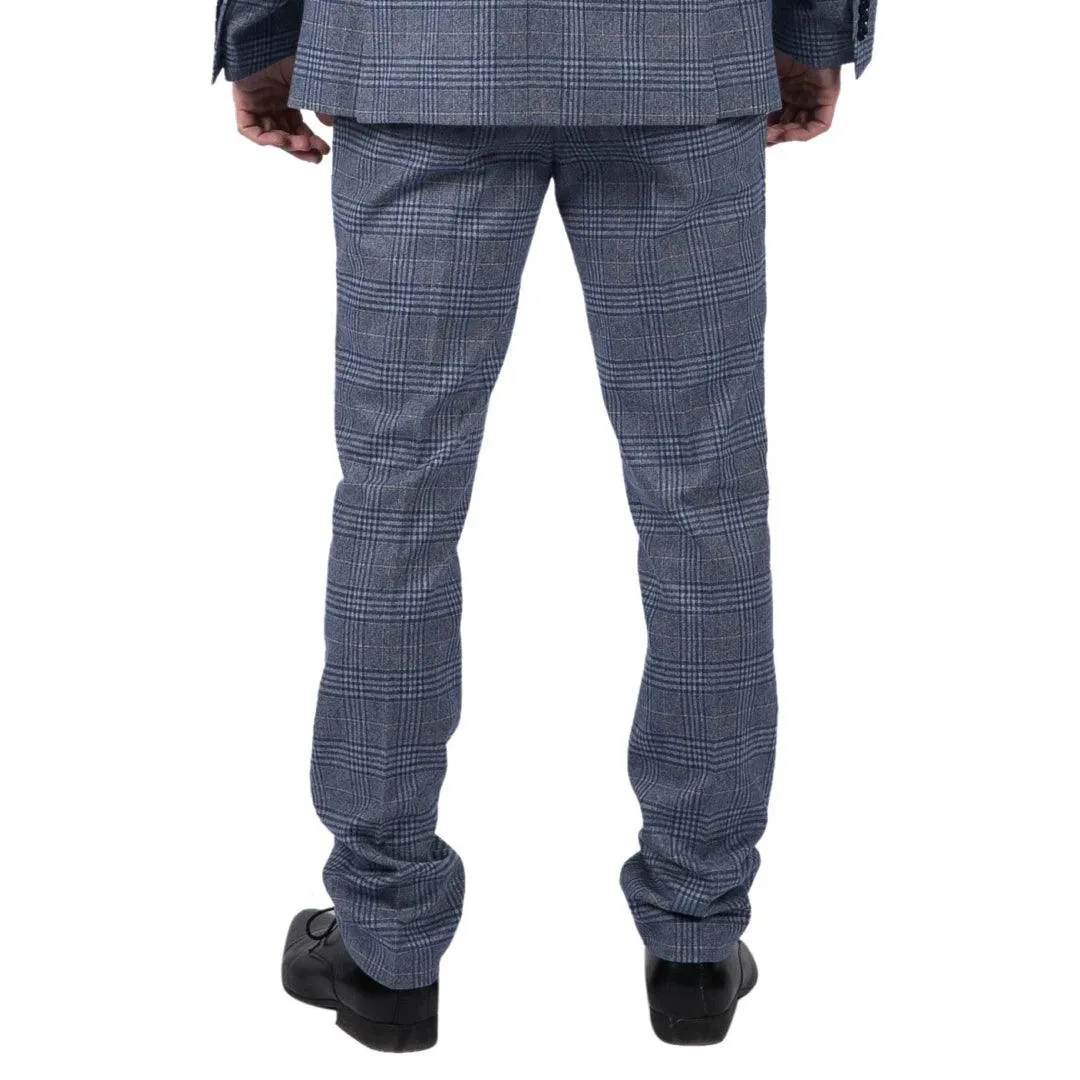 Mens Classic Trousers Tweed Check Retro 1920s Gatsby Blinders Royal Blue Wedding