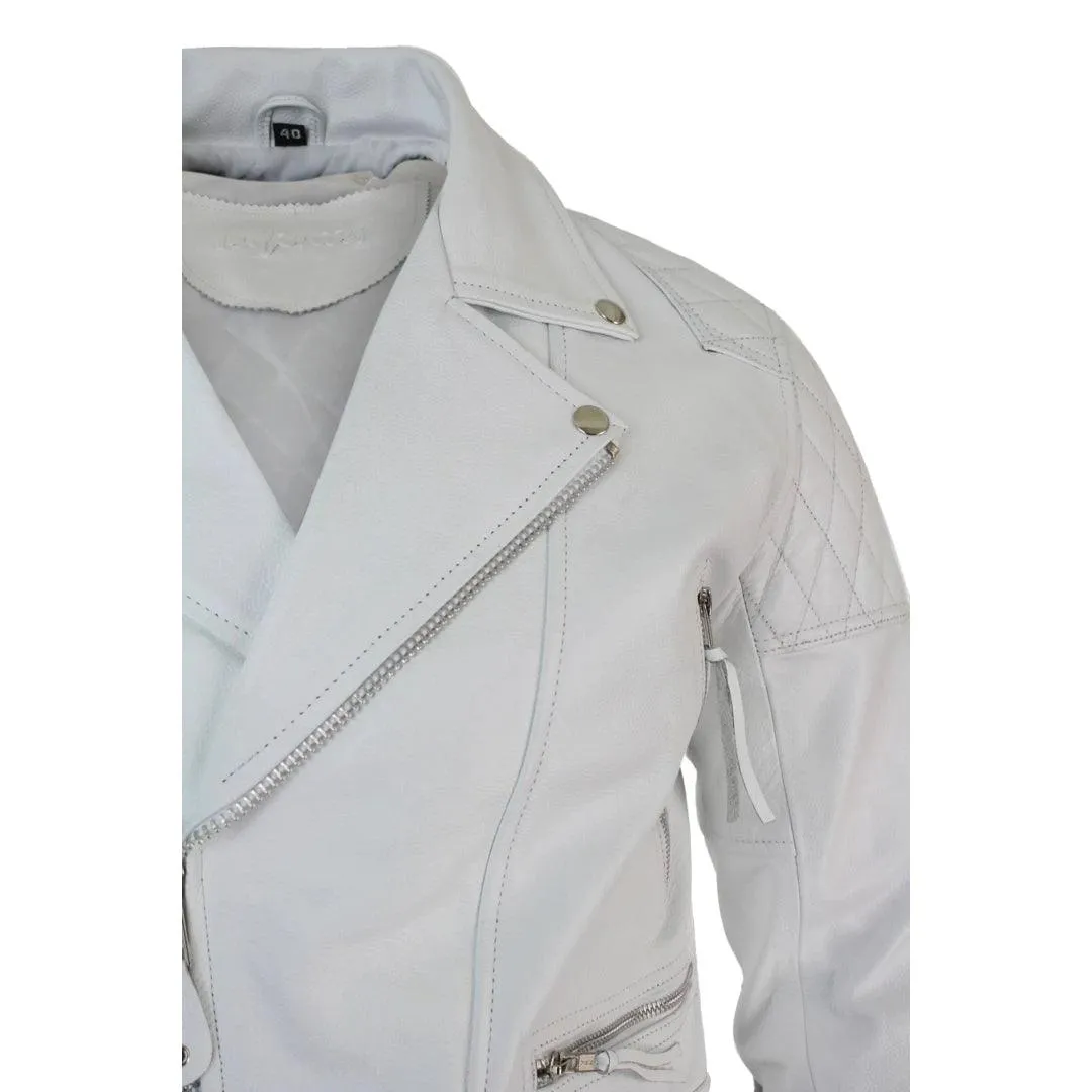 Mens Cross Zip Cow Hide Padded Biker Jacket White Black Brando Vintage