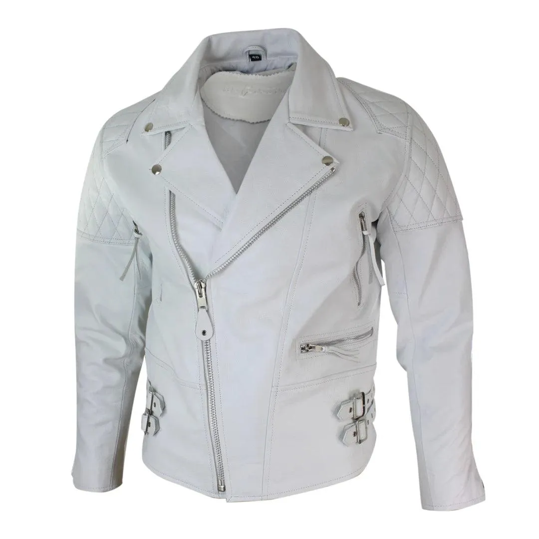 Mens Cross Zip Cow Hide Padded Biker Jacket White Black Brando Vintage