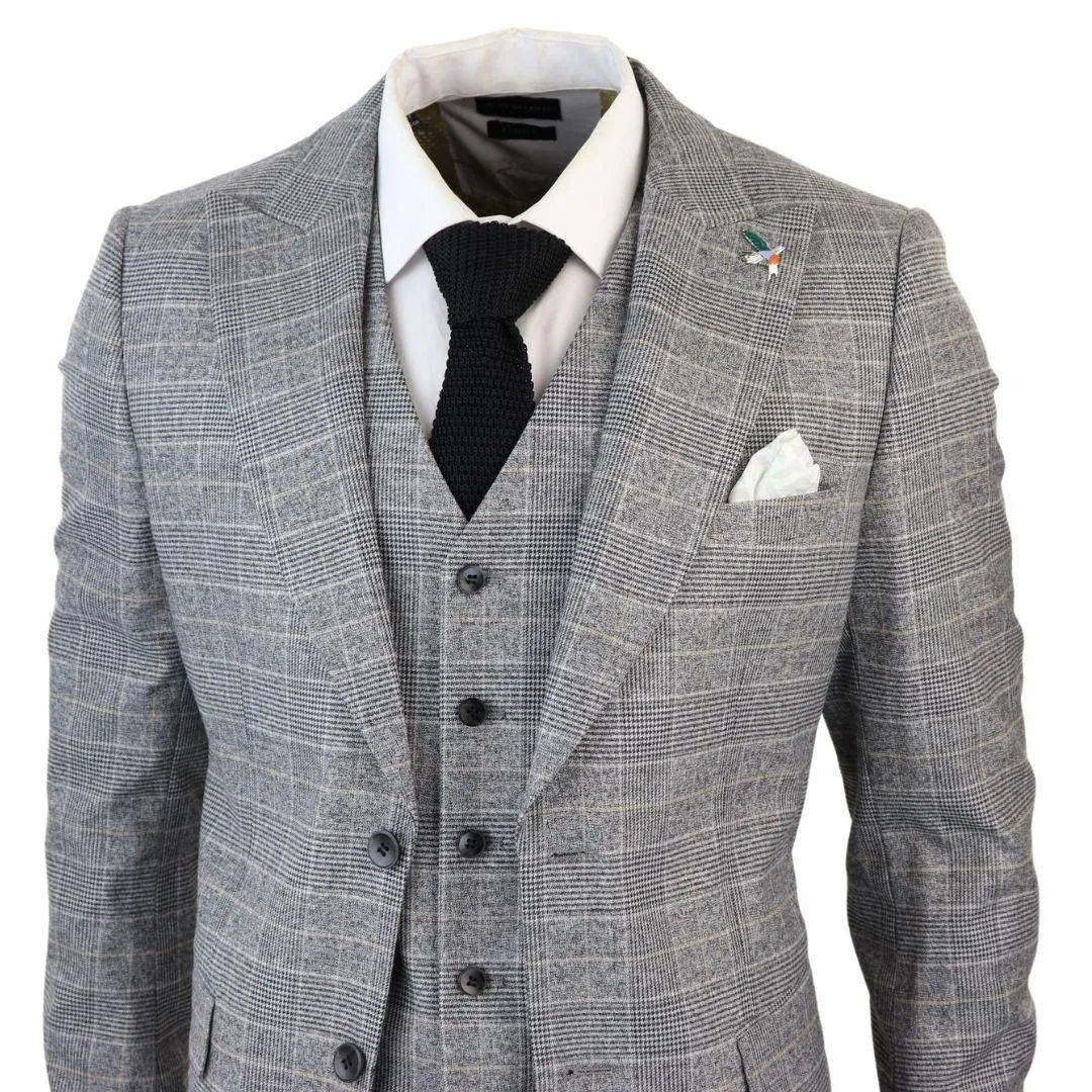 Men's Grey 3 Piece Suit Prince Of Wales Check Formal Business Dress Suits