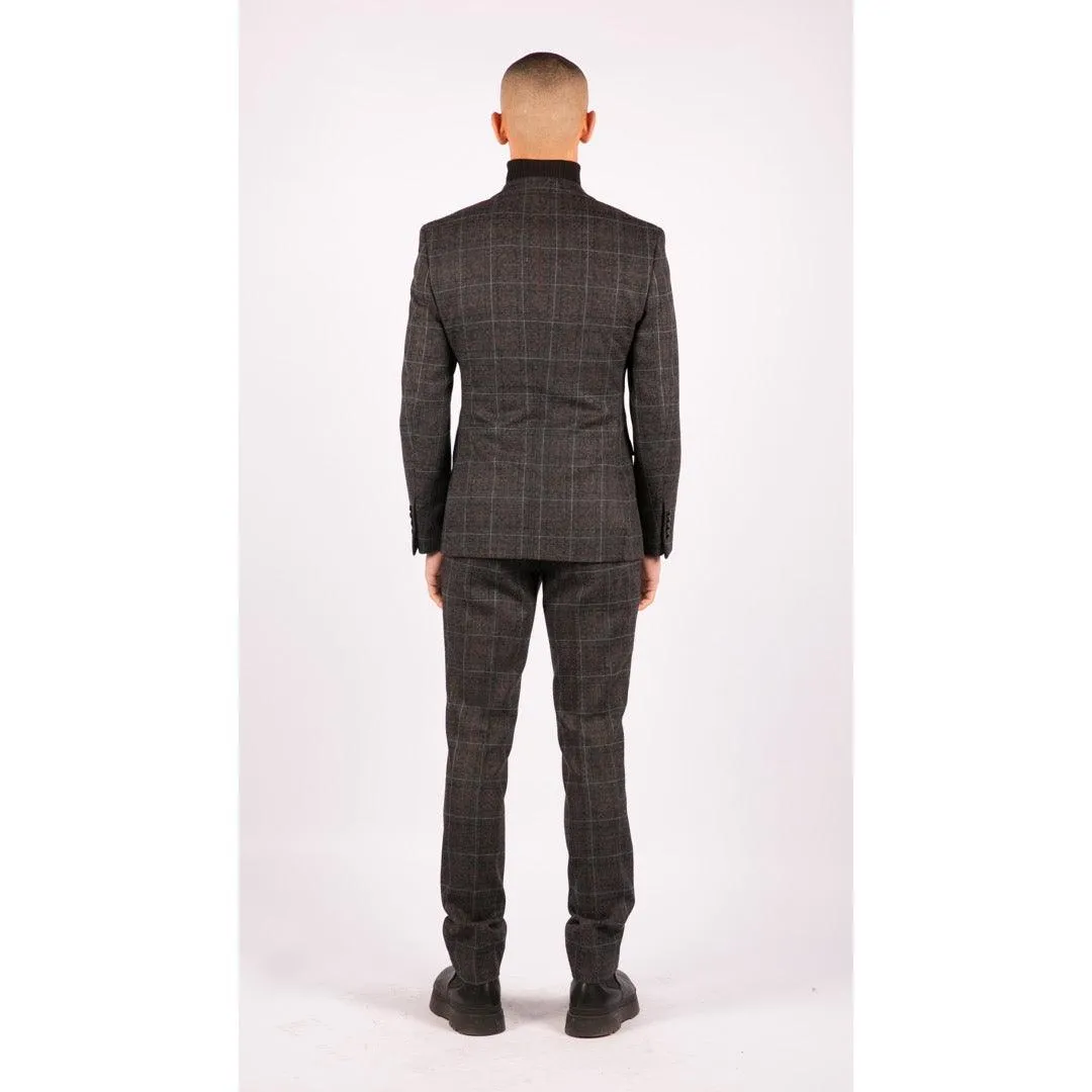 Mens Grey Black 3 Piece Tweed Suit Herringbone Wine Vintage Retro