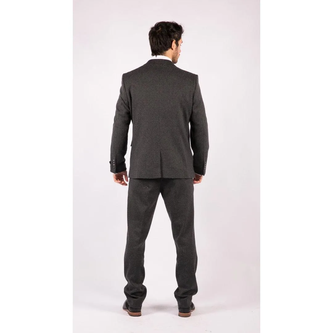 Mens Grey Black 3 Piece Tweed Suit Herringbone Wool Vintage Retro