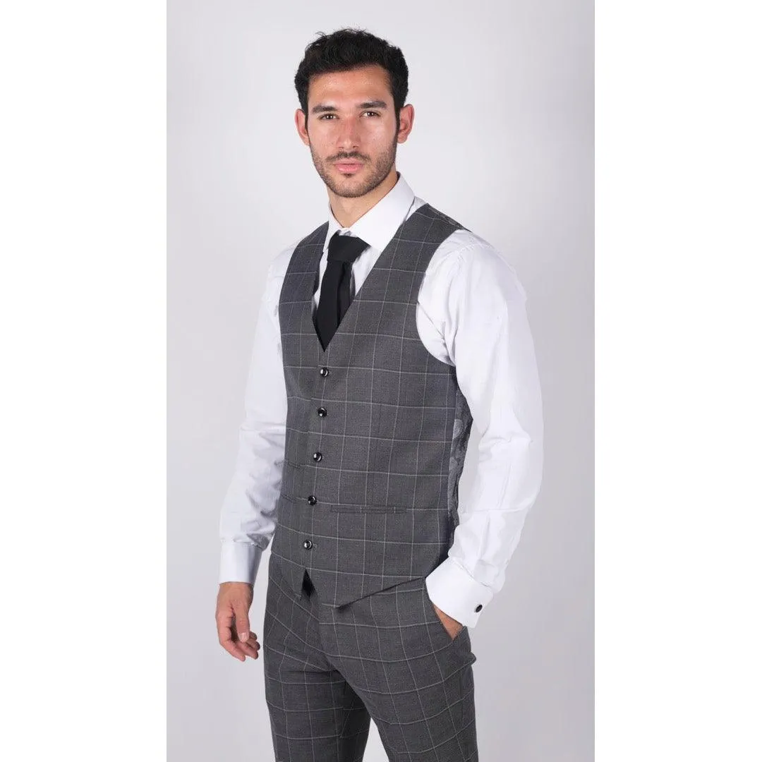 Mens Grey Check 3 Piece Suit Vintage Retro Smart Wedding Classic Tailored Fit Light