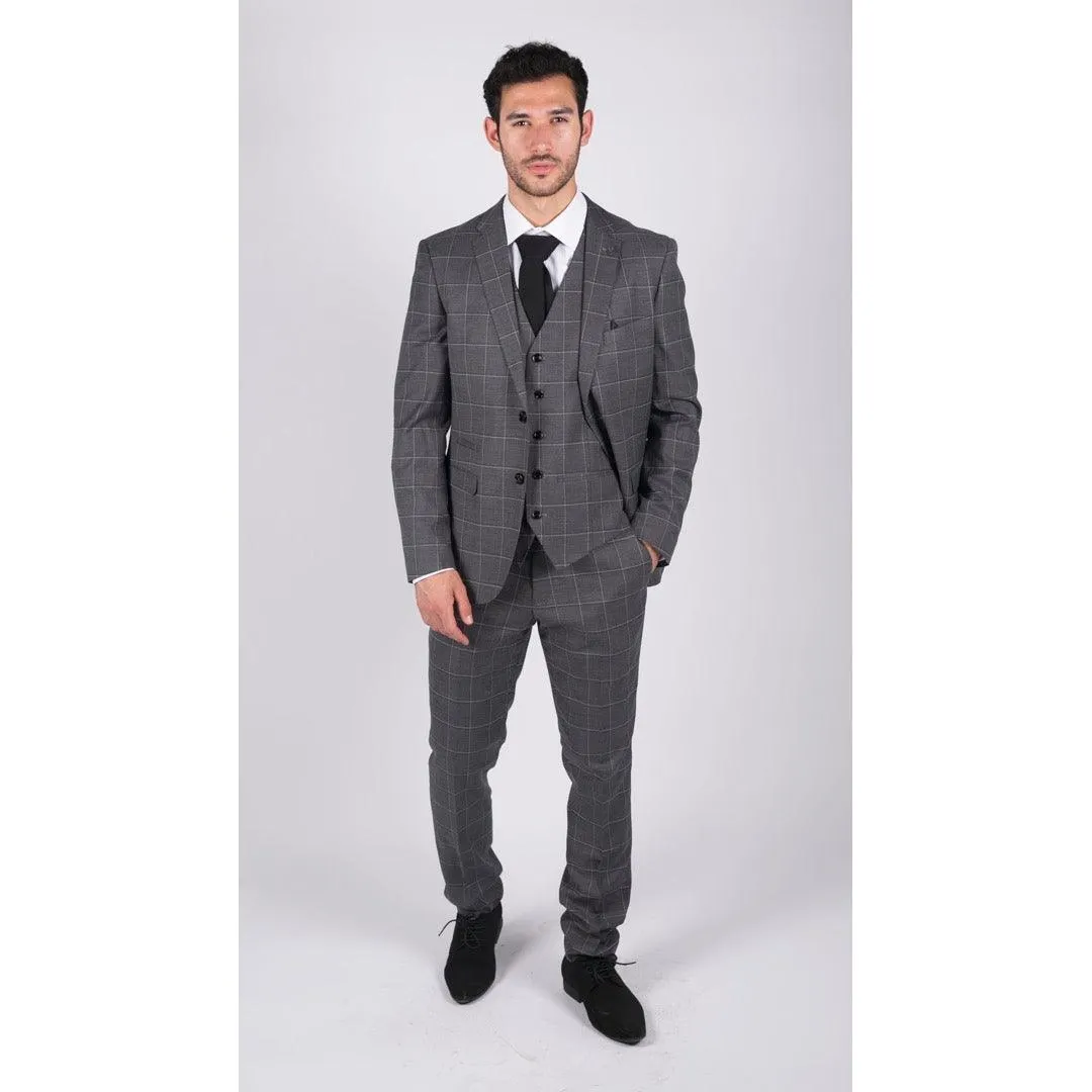 Mens Grey Check 3 Piece Suit Vintage Retro Smart Wedding Classic Tailored Fit Light