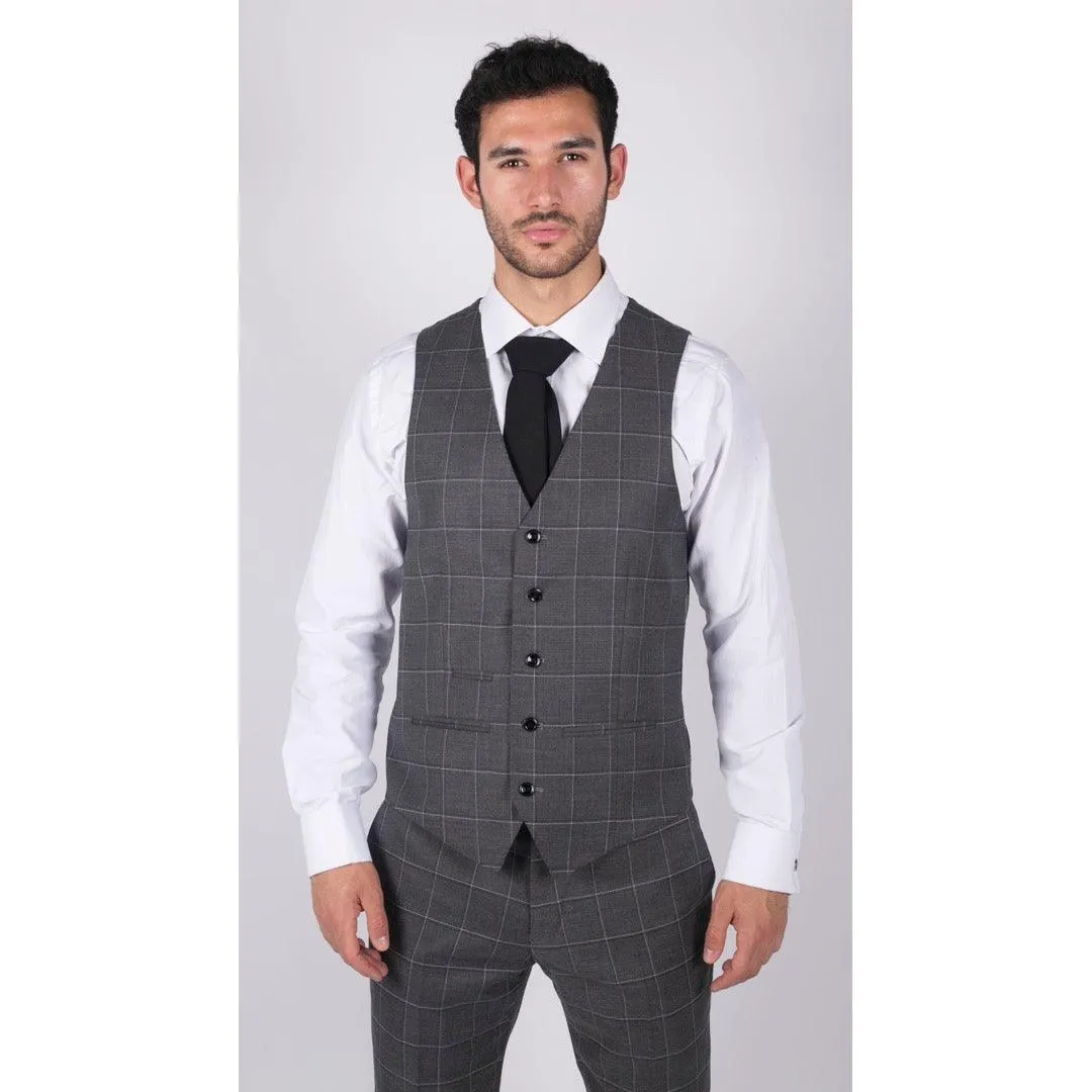 Mens Grey Check 3 Piece Suit Vintage Retro Smart Wedding Classic Tailored Fit Light