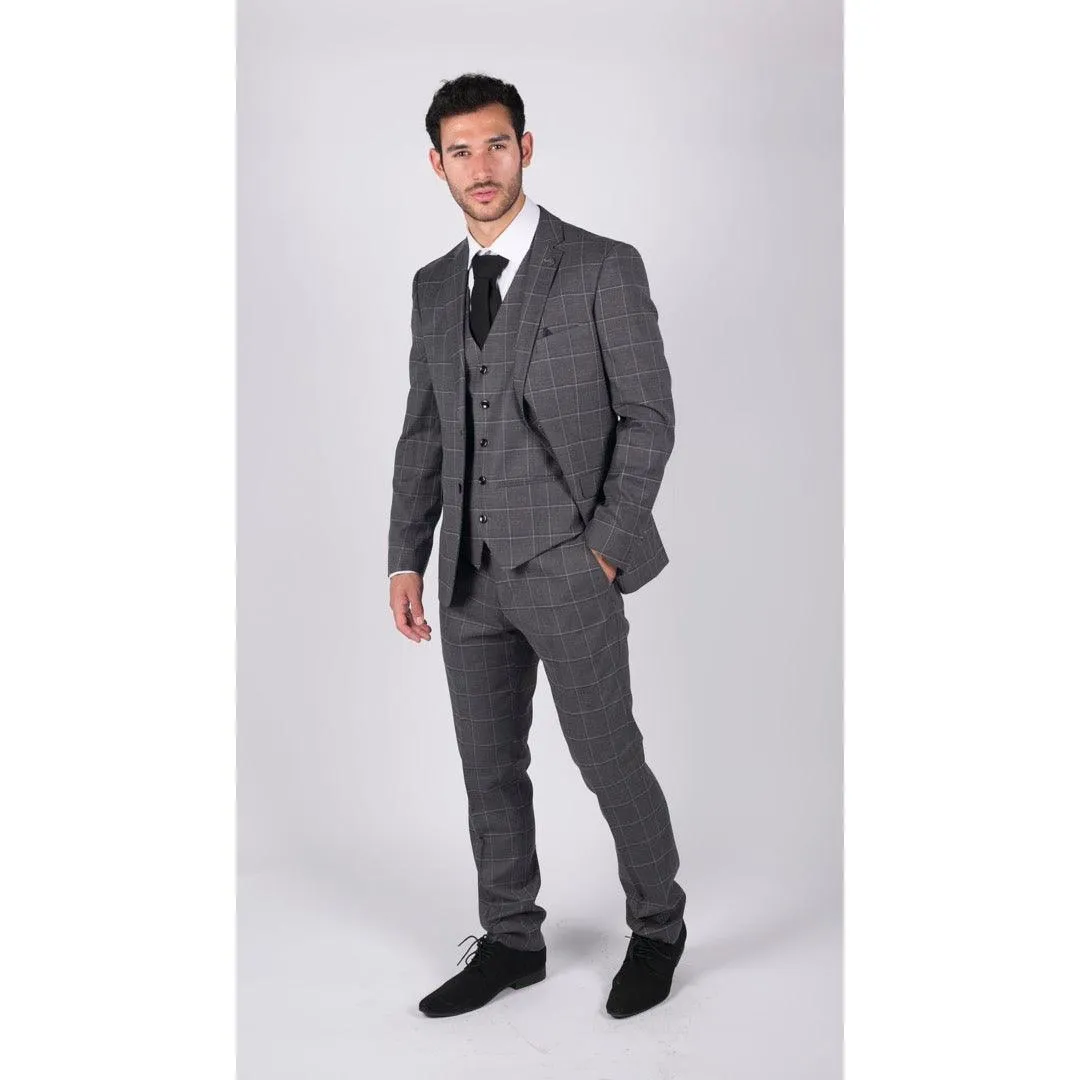 Mens Grey Check 3 Piece Suit Vintage Retro Smart Wedding Classic Tailored Fit Light