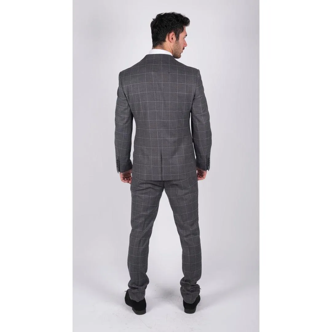 Mens Grey Check 3 Piece Suit Vintage Retro Smart Wedding Classic Tailored Fit Light