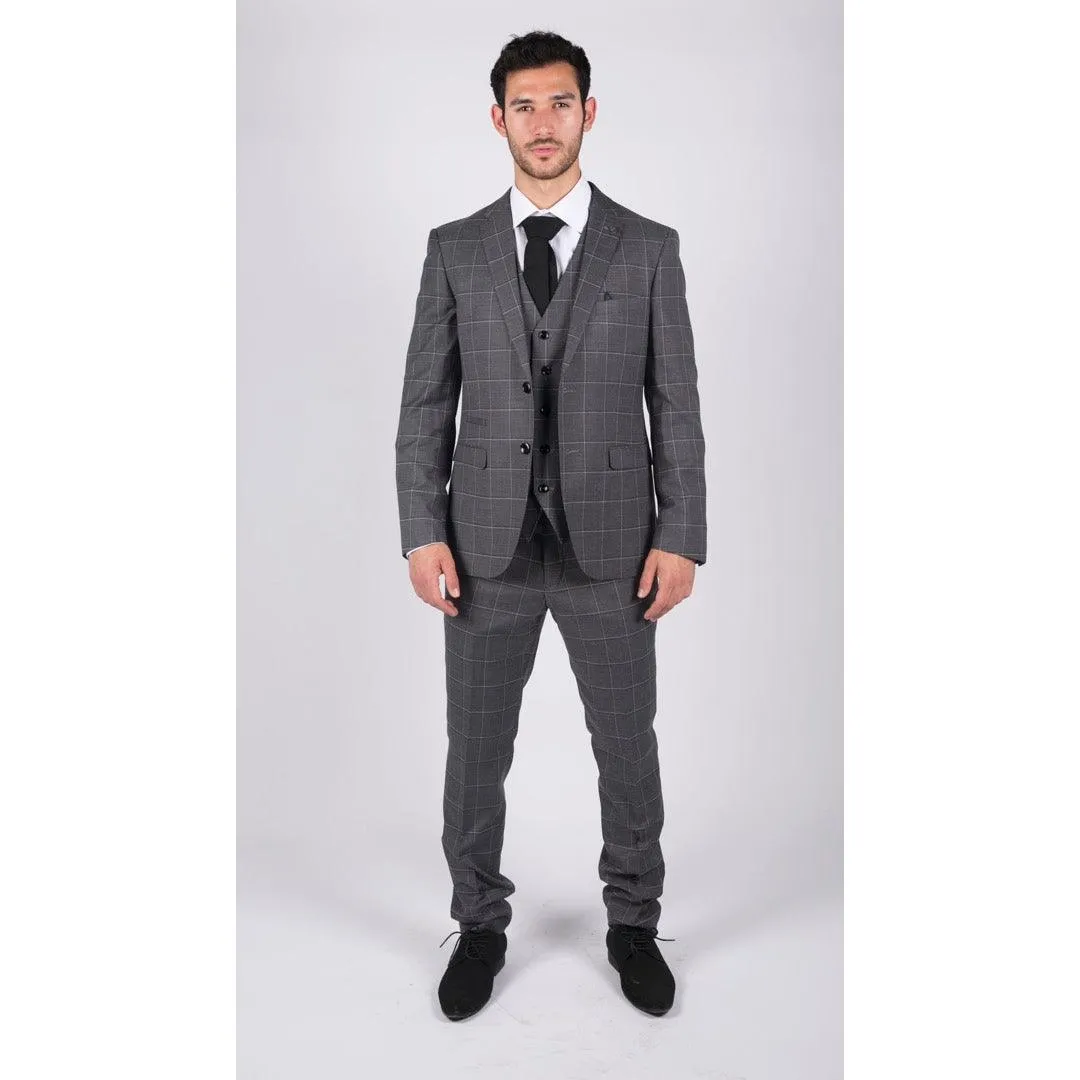 Mens Grey Check 3 Piece Suit Vintage Retro Smart Wedding Classic Tailored Fit Light