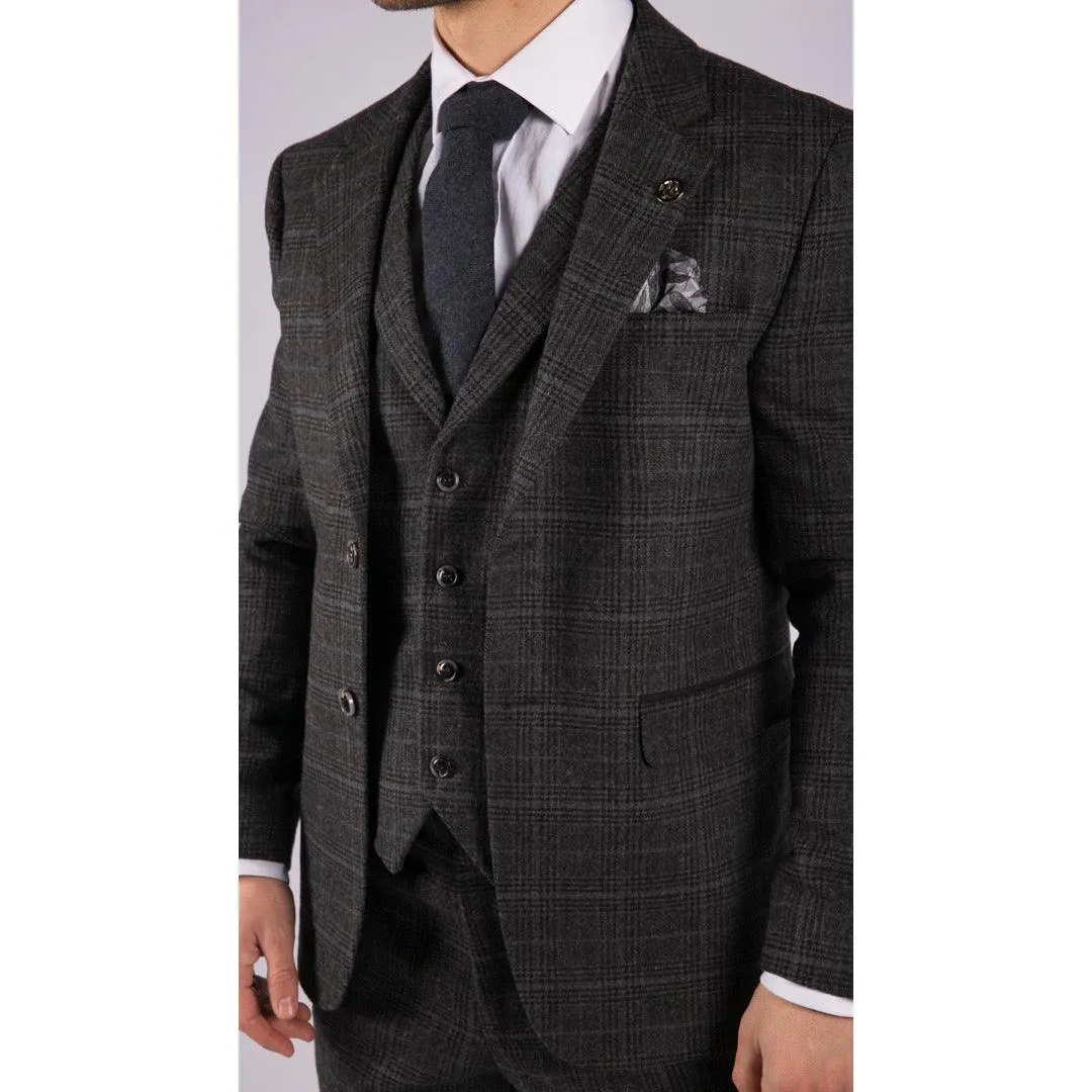 Mens Grey Tweed 3 Piece Suit Blue Check Vintage 1920s Gatsby Blinders Tailored Fit