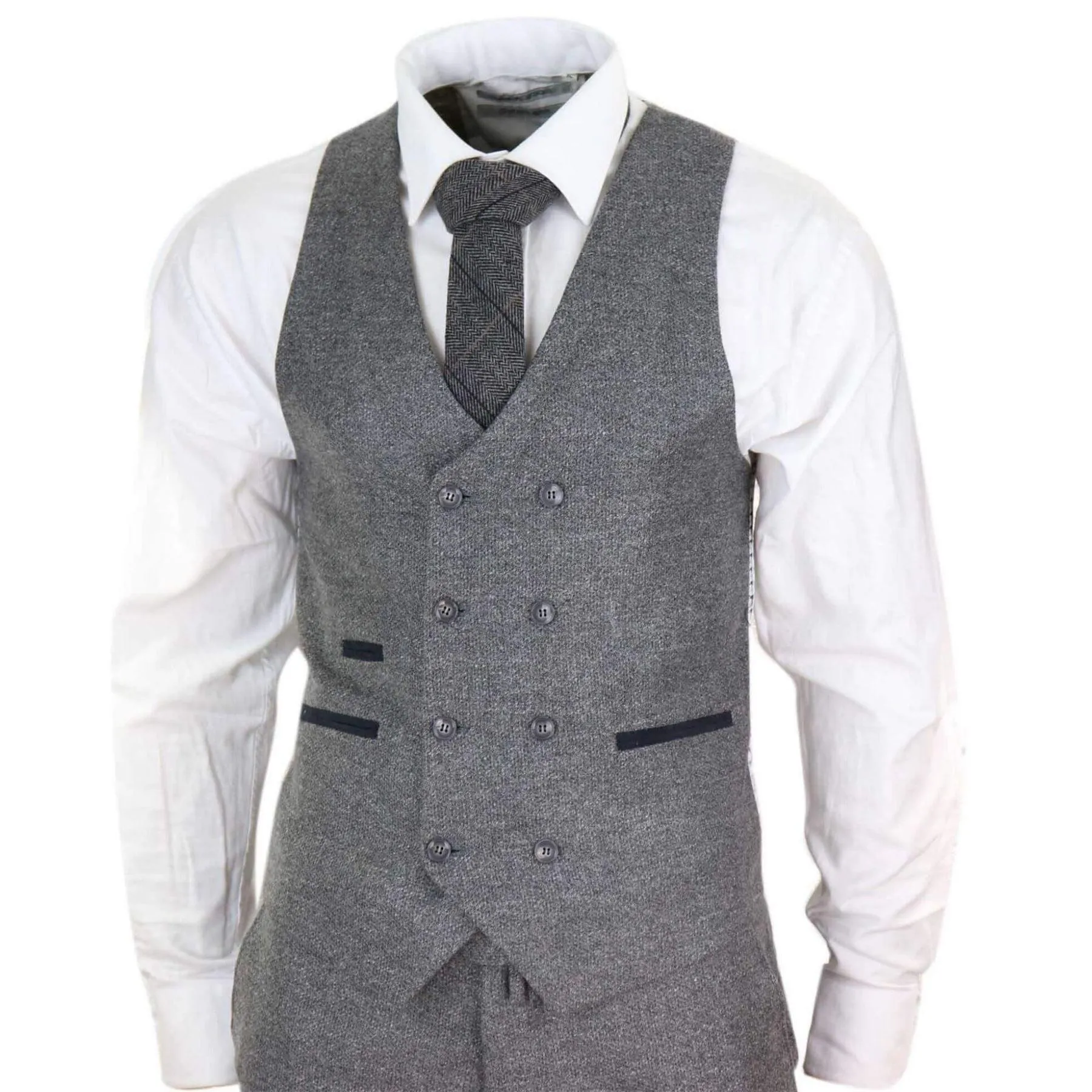 Mens Grey Wool 3 Piece Suit Double Breasted Waistcoat Tweed 1920s