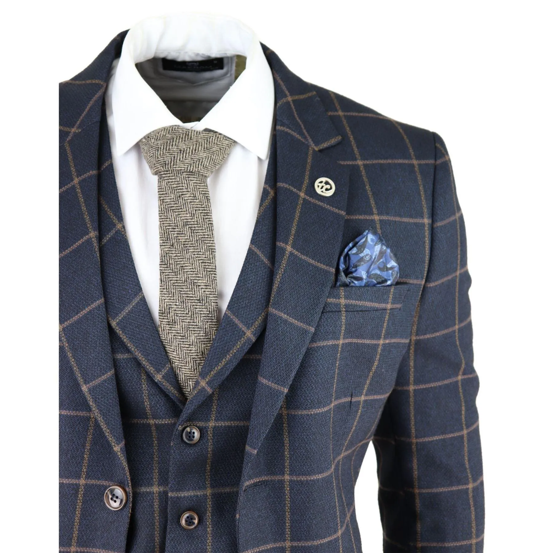 Mens Herringbone Tweed Navy Blue Check 3 Piece Wool Suit Tan