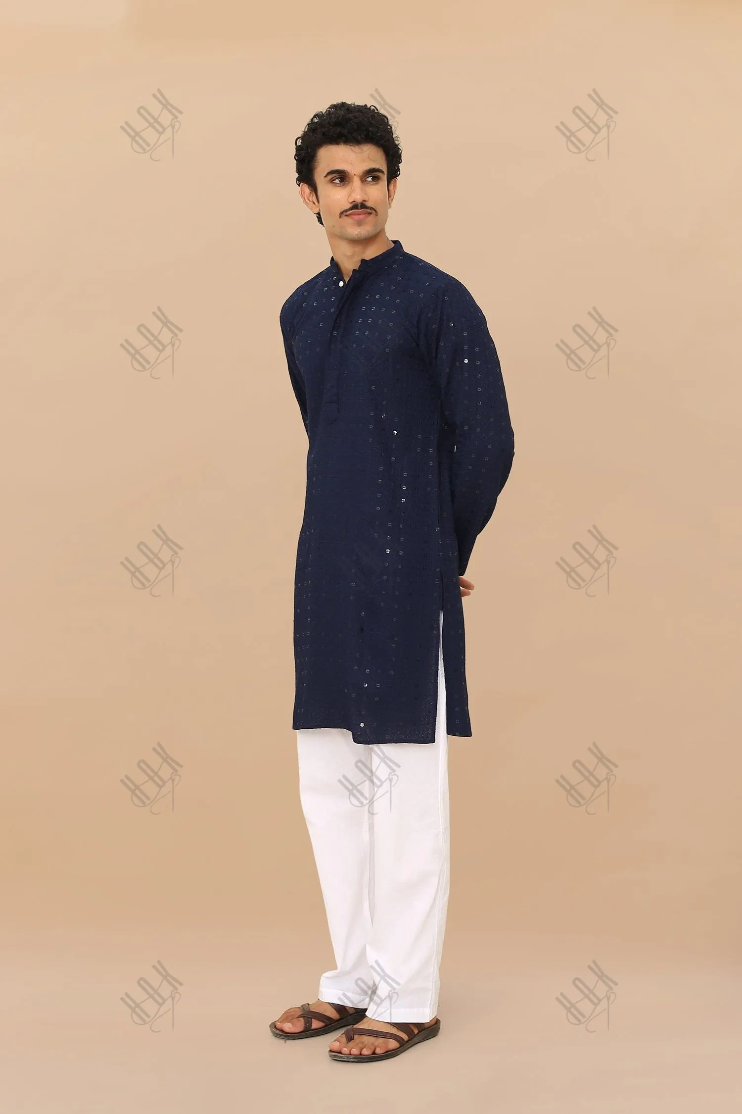 Men's Kurta In  Chikankari Rayon  - Navy Blue