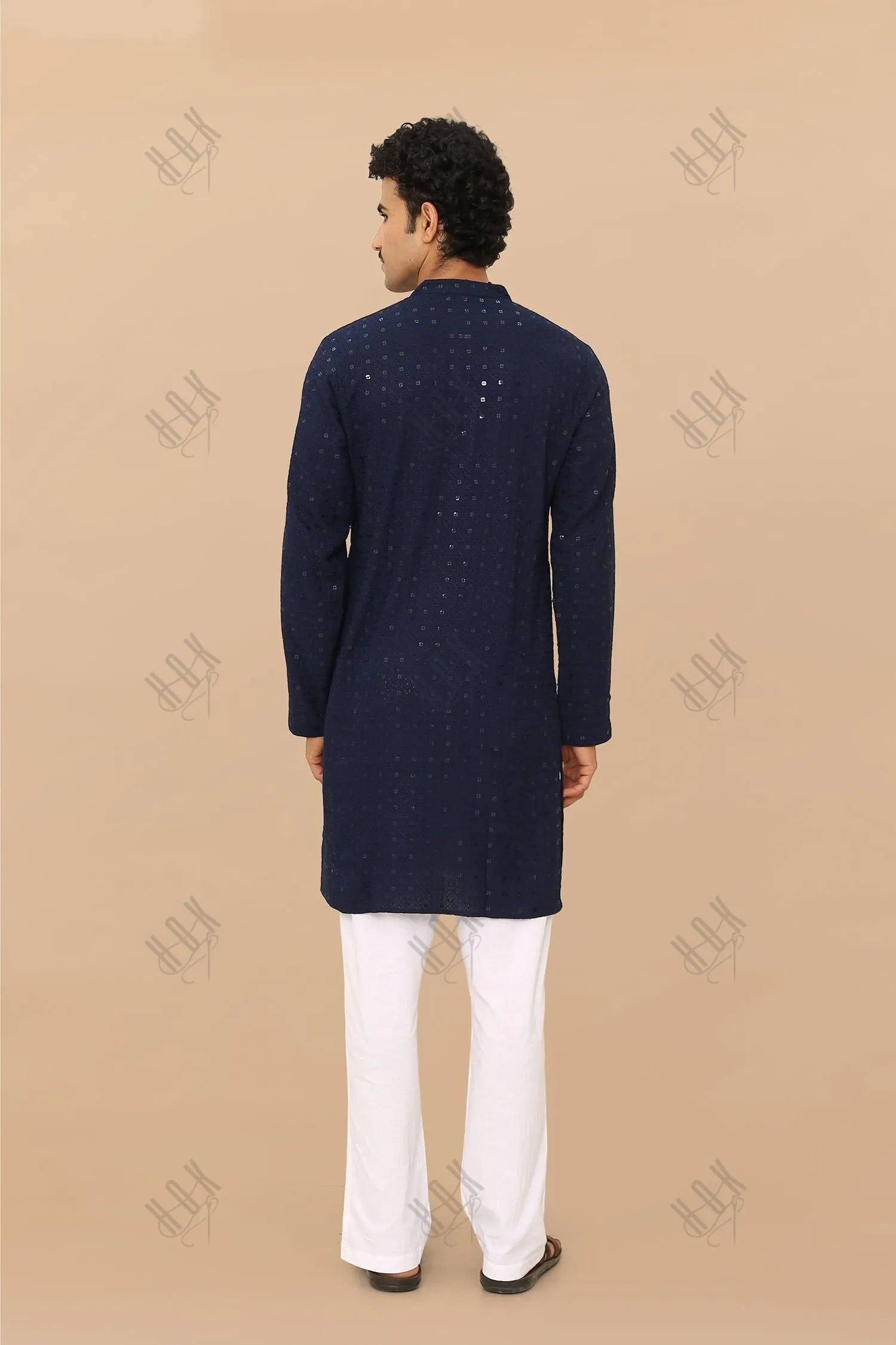 Men's Kurta In  Chikankari Rayon  - Navy Blue