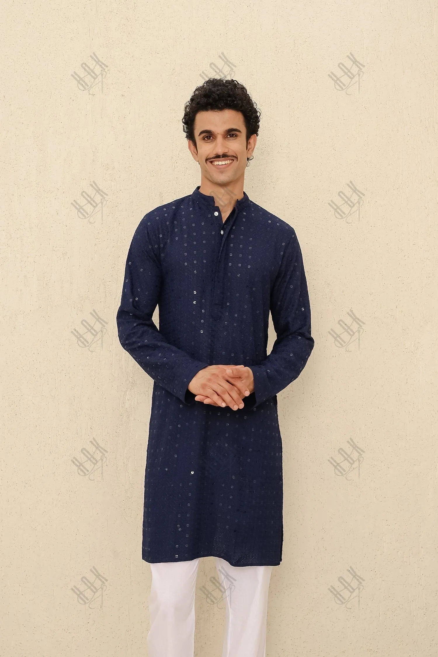 Men's Kurta In  Chikankari Rayon  - Navy Blue