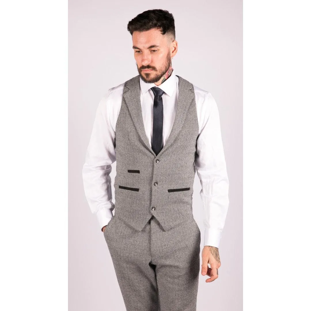 Mens Light Grey 3 Piece Tweed Suit Herringbone Wool Vintage Retro