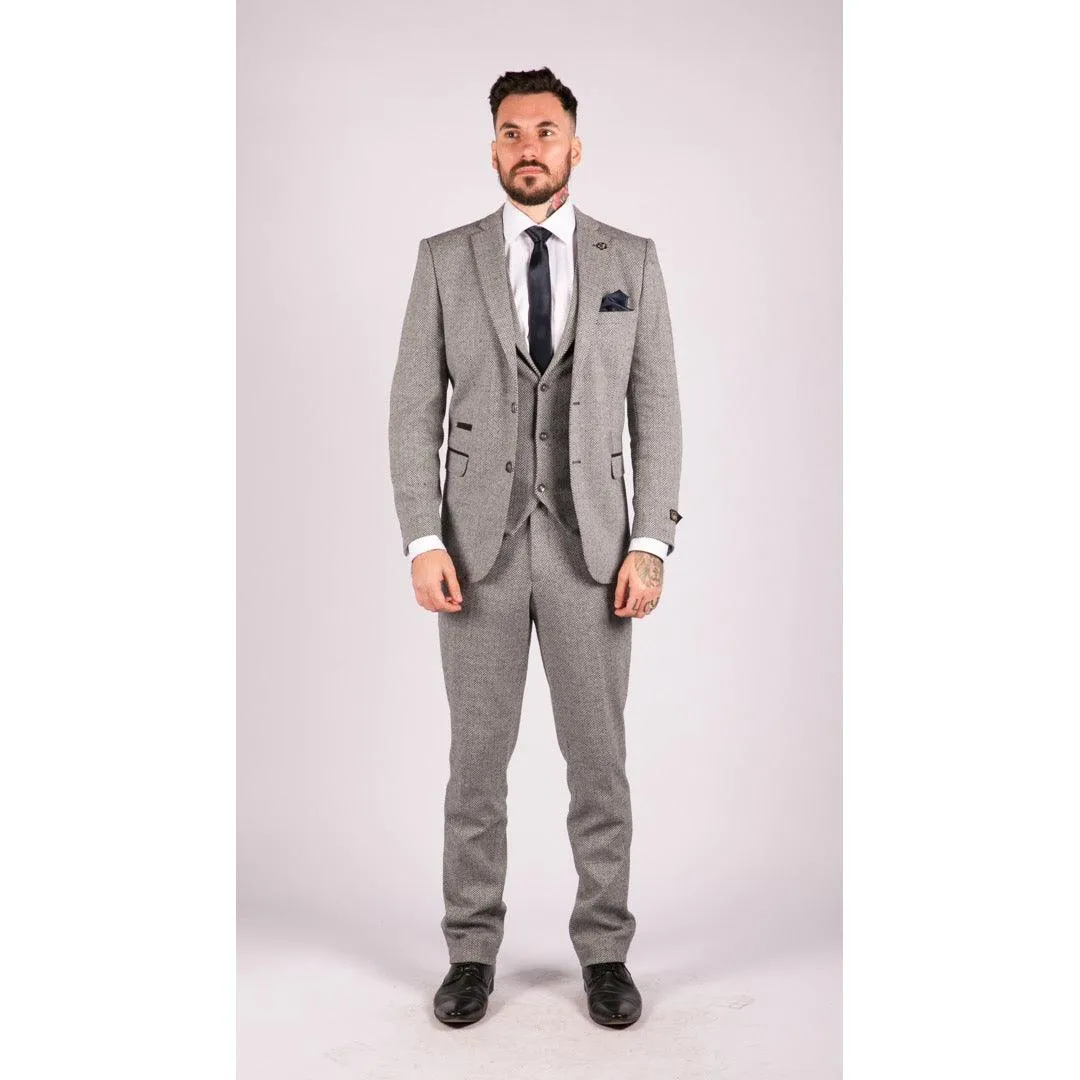 Mens Light Grey 3 Piece Tweed Suit Herringbone Wool Vintage Retro