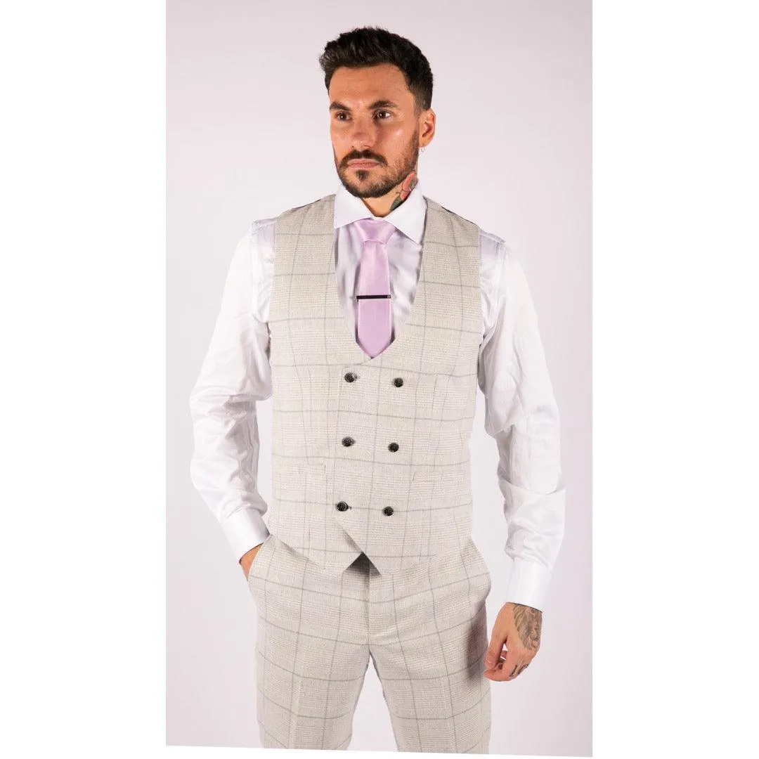 Mens Light Grey Check 3 Piece Suit Double Breasted Waoistcoat Tailored Fit