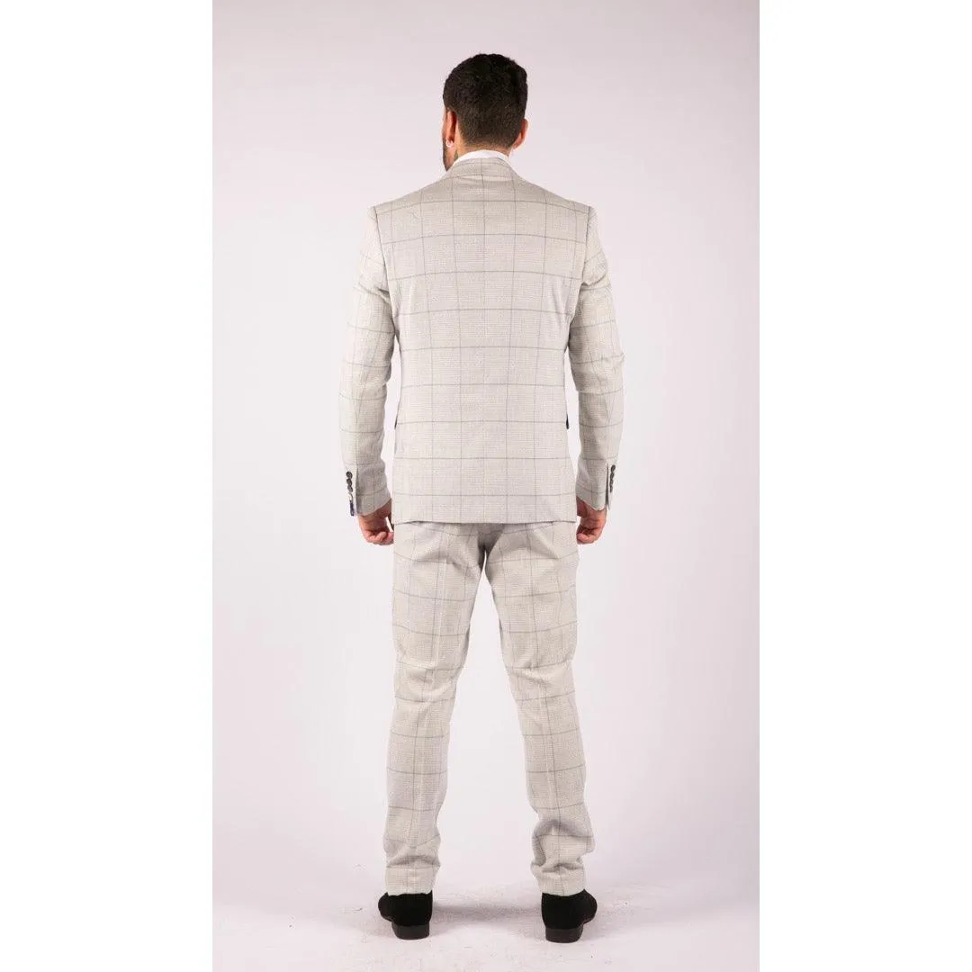 Mens Light Grey Check 3 Piece Suit Double Breasted Waoistcoat Tailored Fit