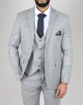 Men's Light Grey Suit Prince Of Wales Check Tailored Fit 3 Piece Formal Dress