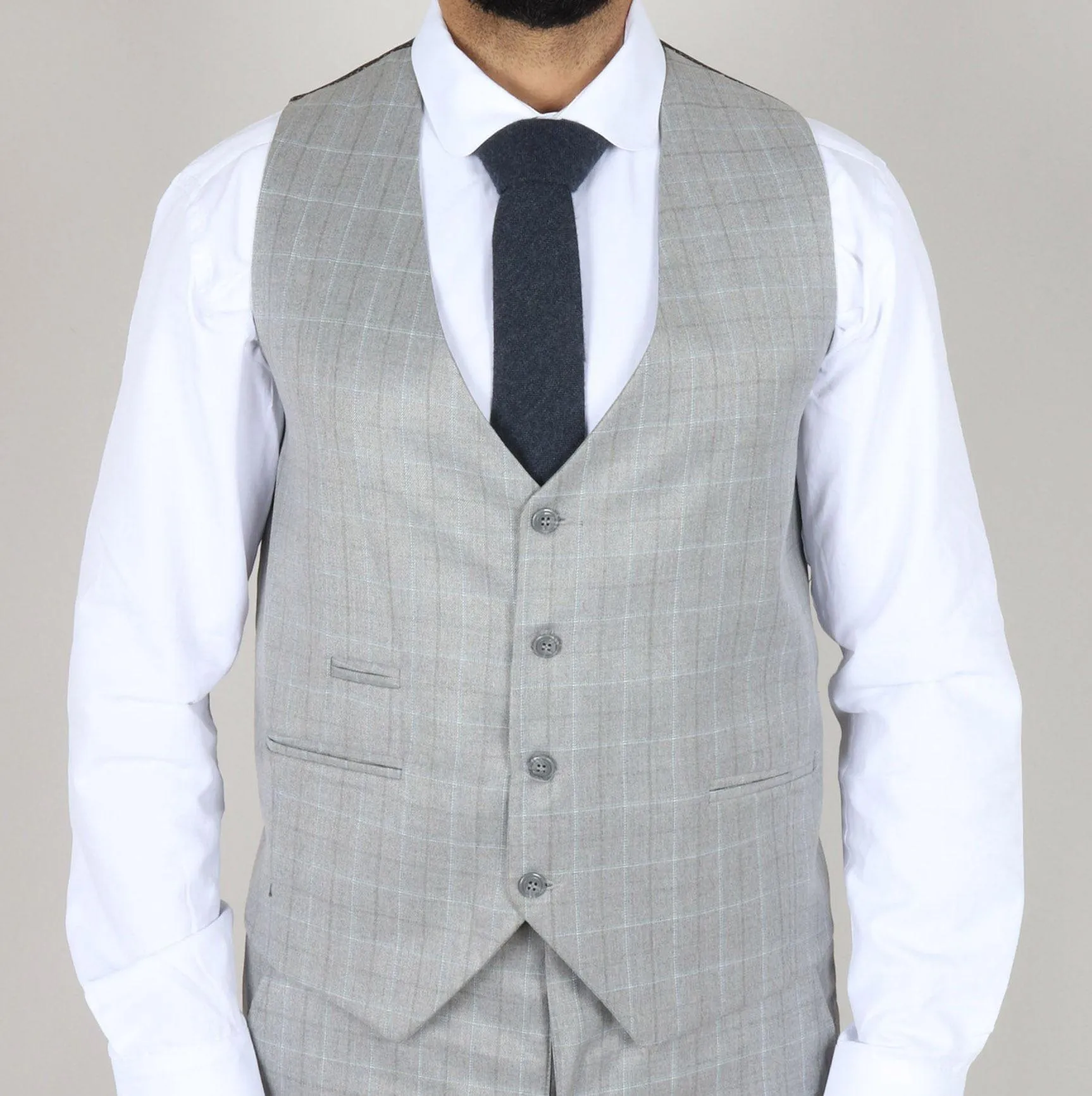 Men's Light Grey Suit Prince Of Wales Check Tailored Fit 3 Piece Formal Dress