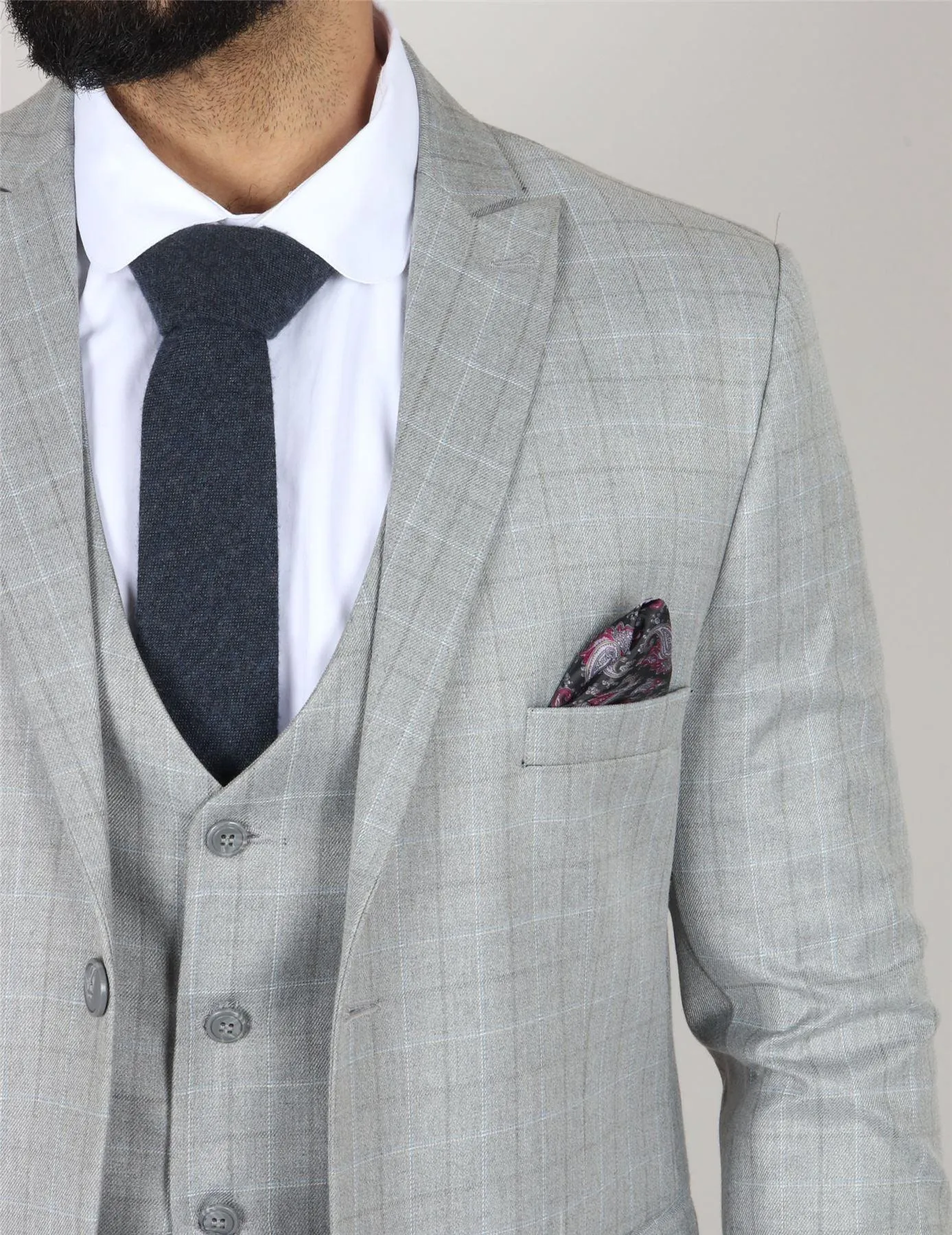 Men's Light Grey Suit Prince Of Wales Check Tailored Fit 3 Piece Formal Dress