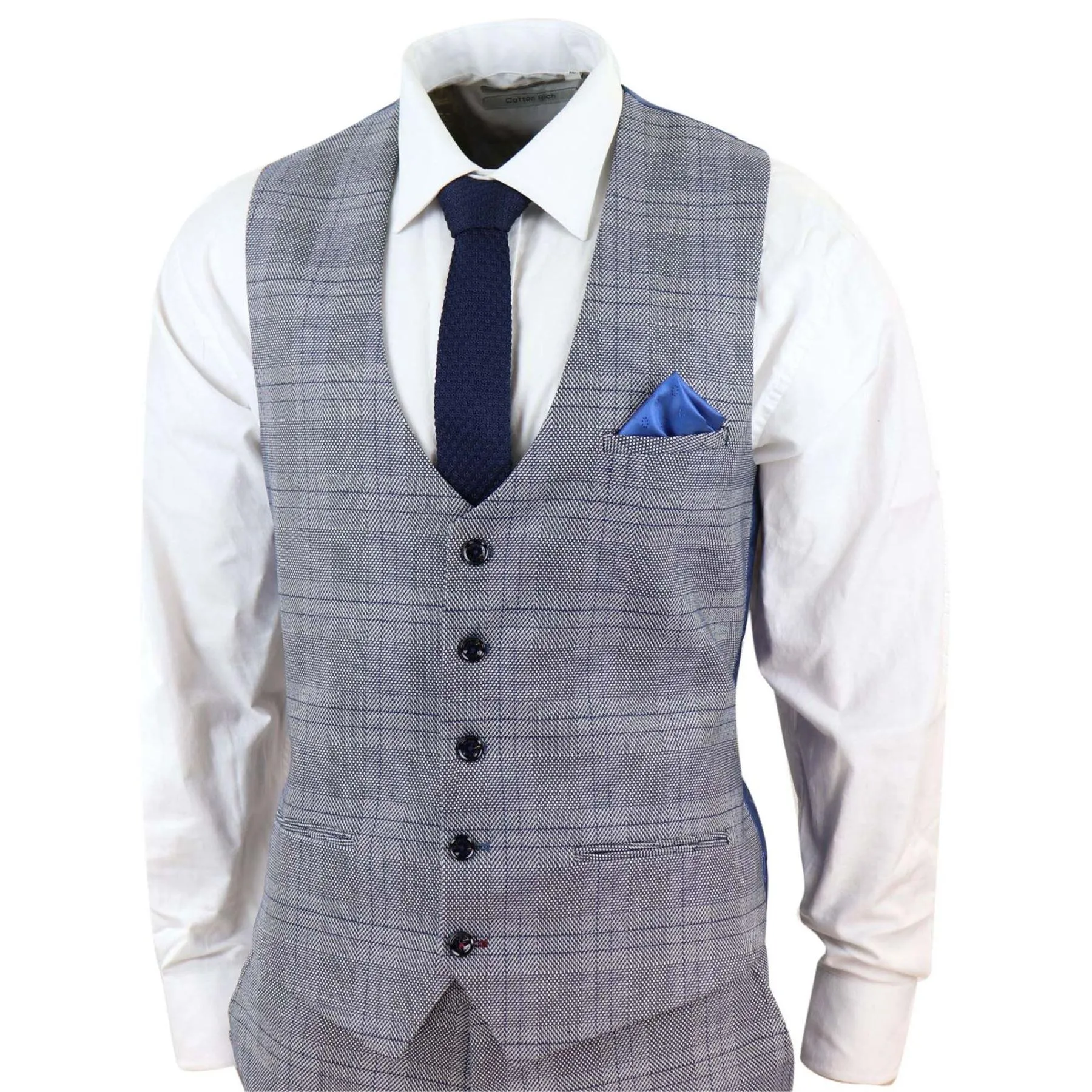 Mens Marc Darcy 3 Piece Suit Grey Prince Of Wales Blue Check Vintage Retro