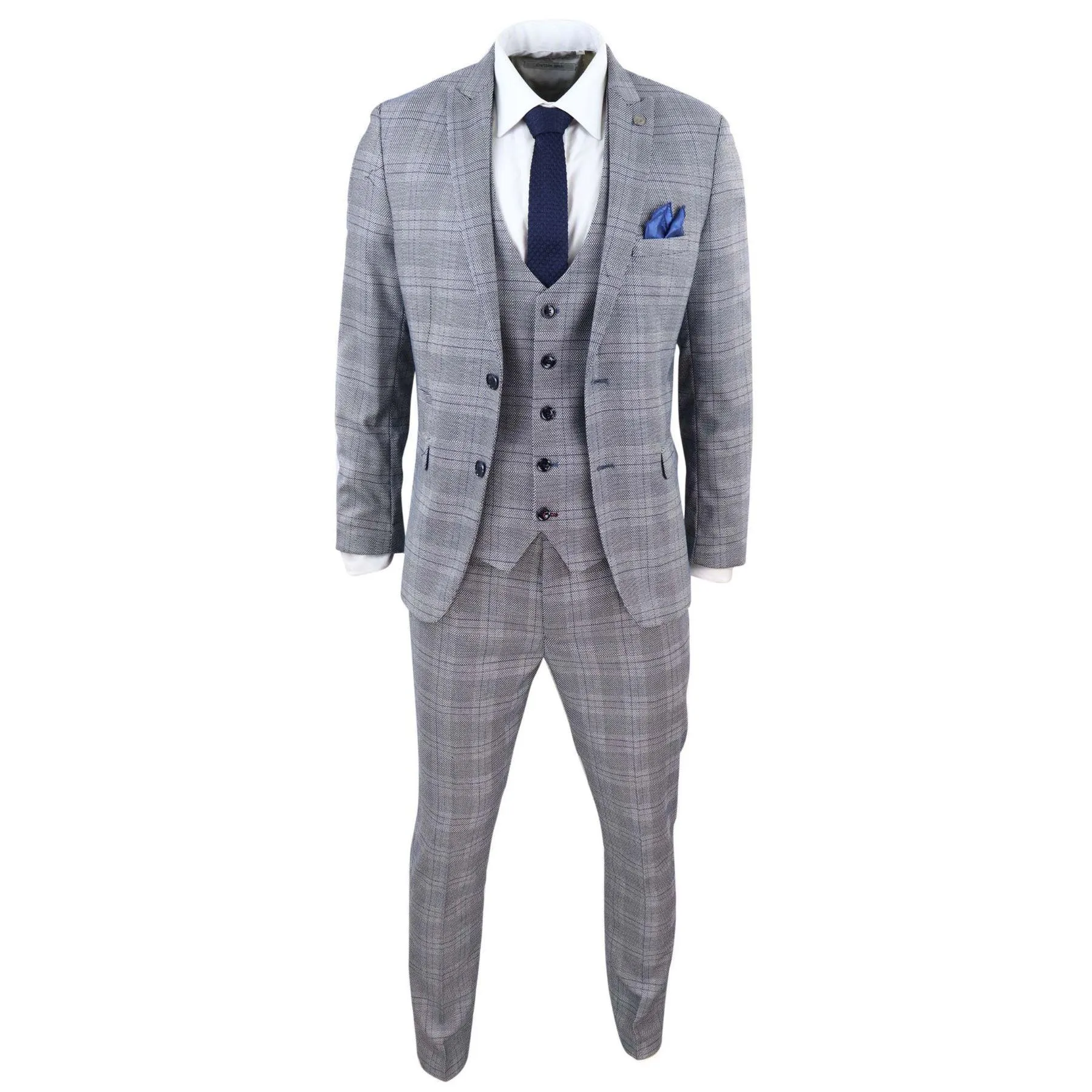 Mens Marc Darcy 3 Piece Suit Grey Prince Of Wales Blue Check Vintage Retro