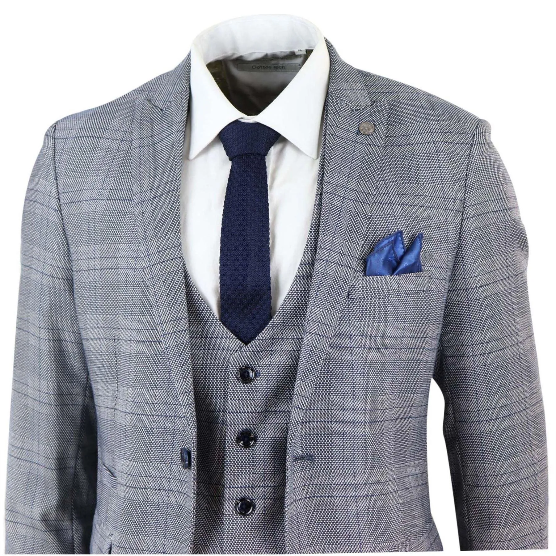 Mens Marc Darcy 3 Piece Suit Grey Prince Of Wales Blue Check Vintage Retro