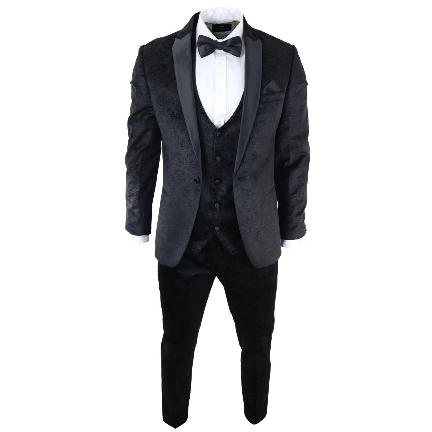 Mens Marc Darcy Velvet Paisley Black Fit 3 Piece Suit Tuxedo Dinner Jacket Wedding