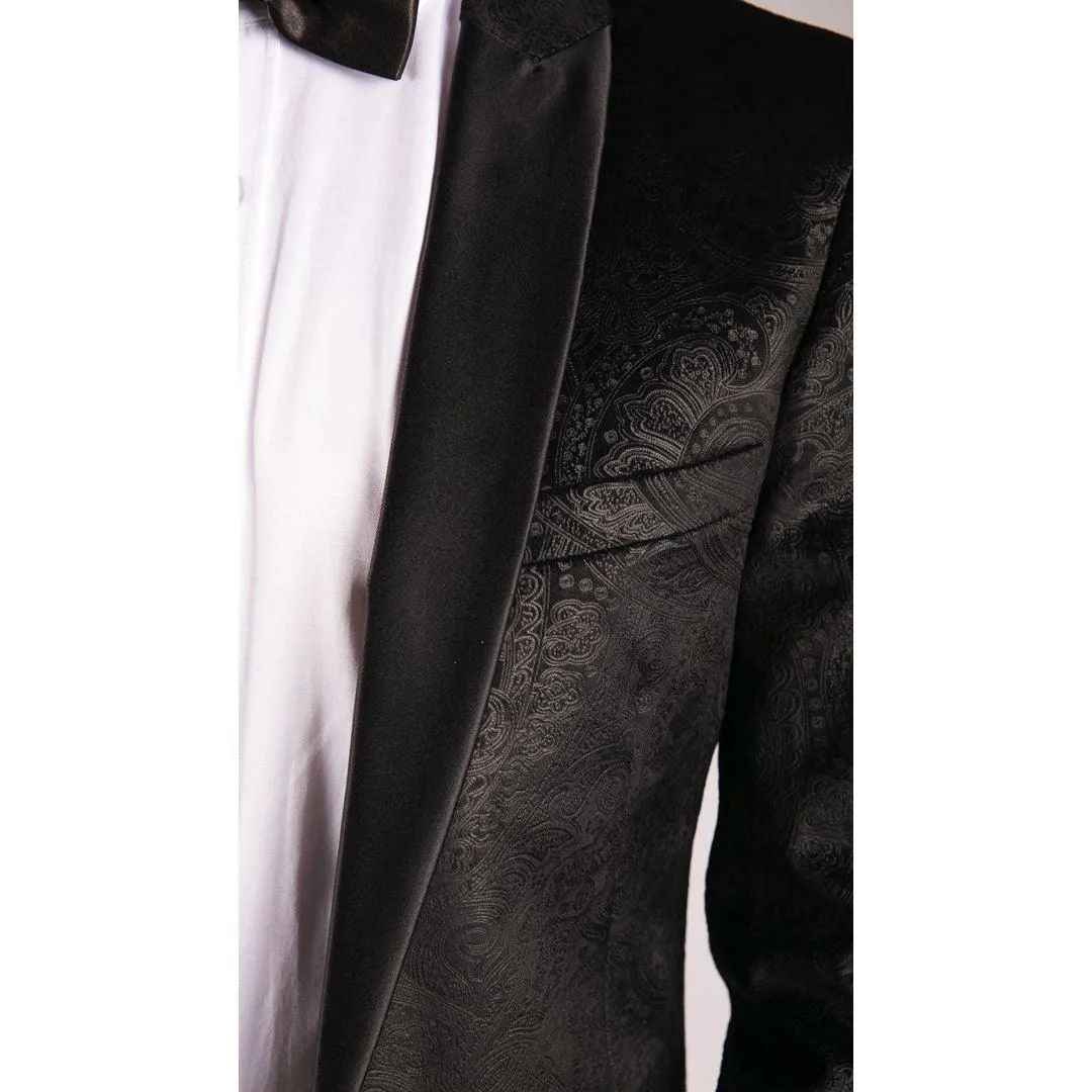 Mens Marc Darcy Velvet Paisley Black Fit Blazer Tuxedo Dinner Jacket Smart Casual