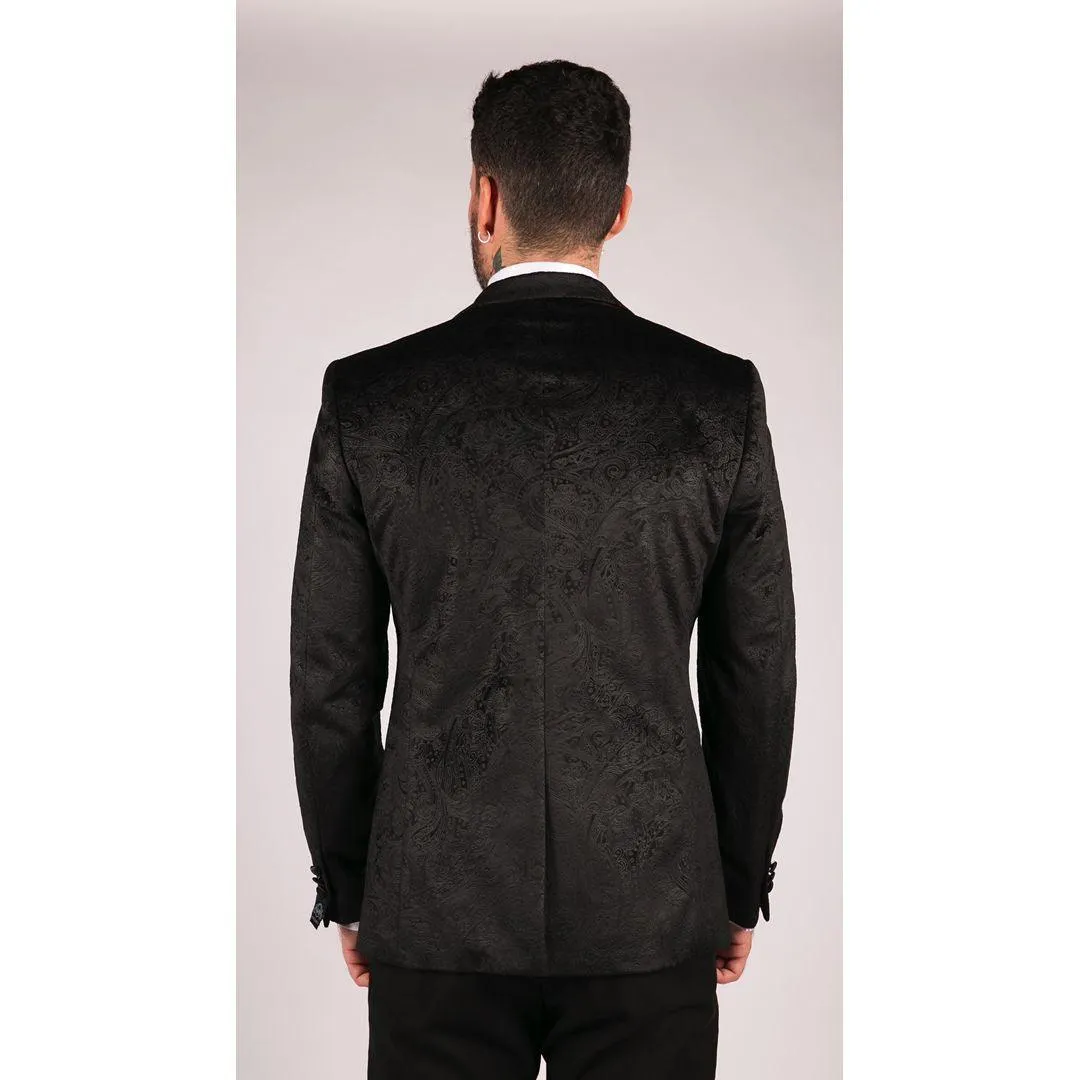 Mens Marc Darcy Velvet Paisley Black Fit Blazer Tuxedo Dinner Jacket Smart Casual