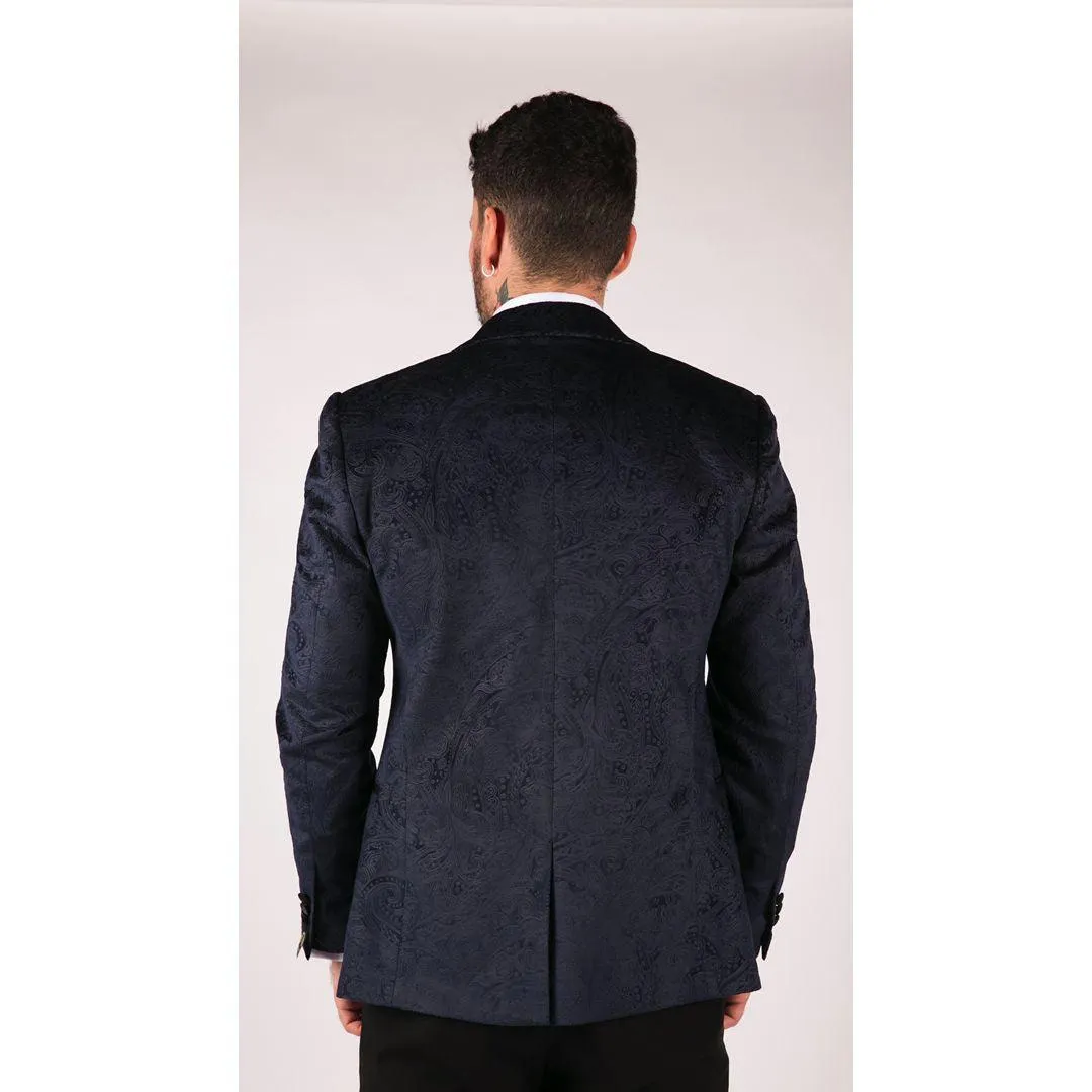 Mens Marc Darcy Velvet Paisley Blue Black Blazer Tuxedo Dinner Jacket Smart Casual