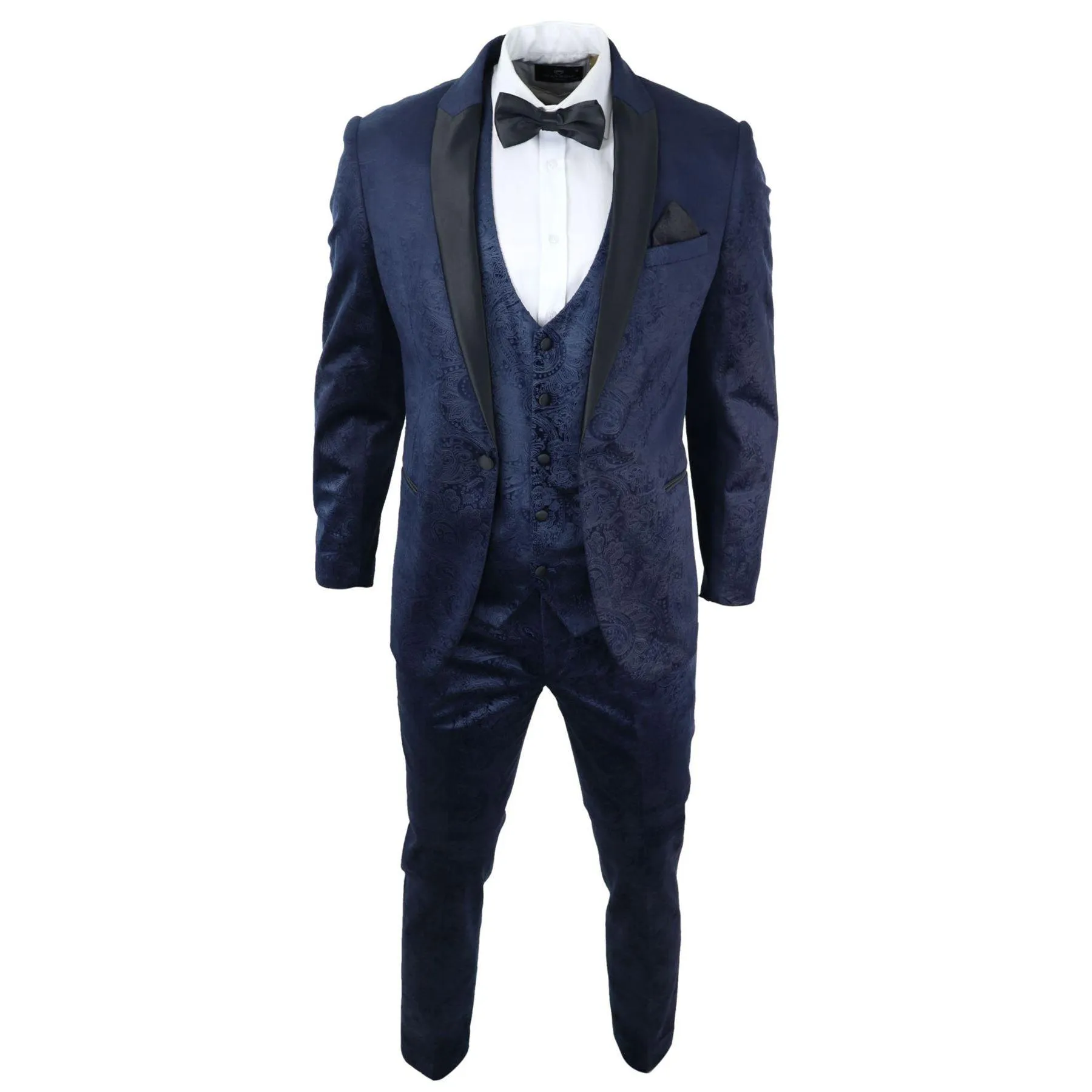 Mens Marc Darcy Velvet Paisley Blue Fit 3 Piece Suit Tuxedo Dinner Jacket Wedding