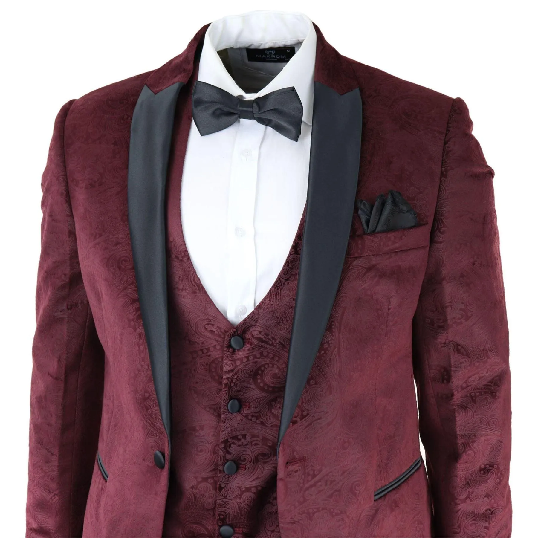 Mens Marc Darcy Velvet Paisley Burgundy Fit 3 Piece Suit Tuxedo Dinner Jacket Wedding