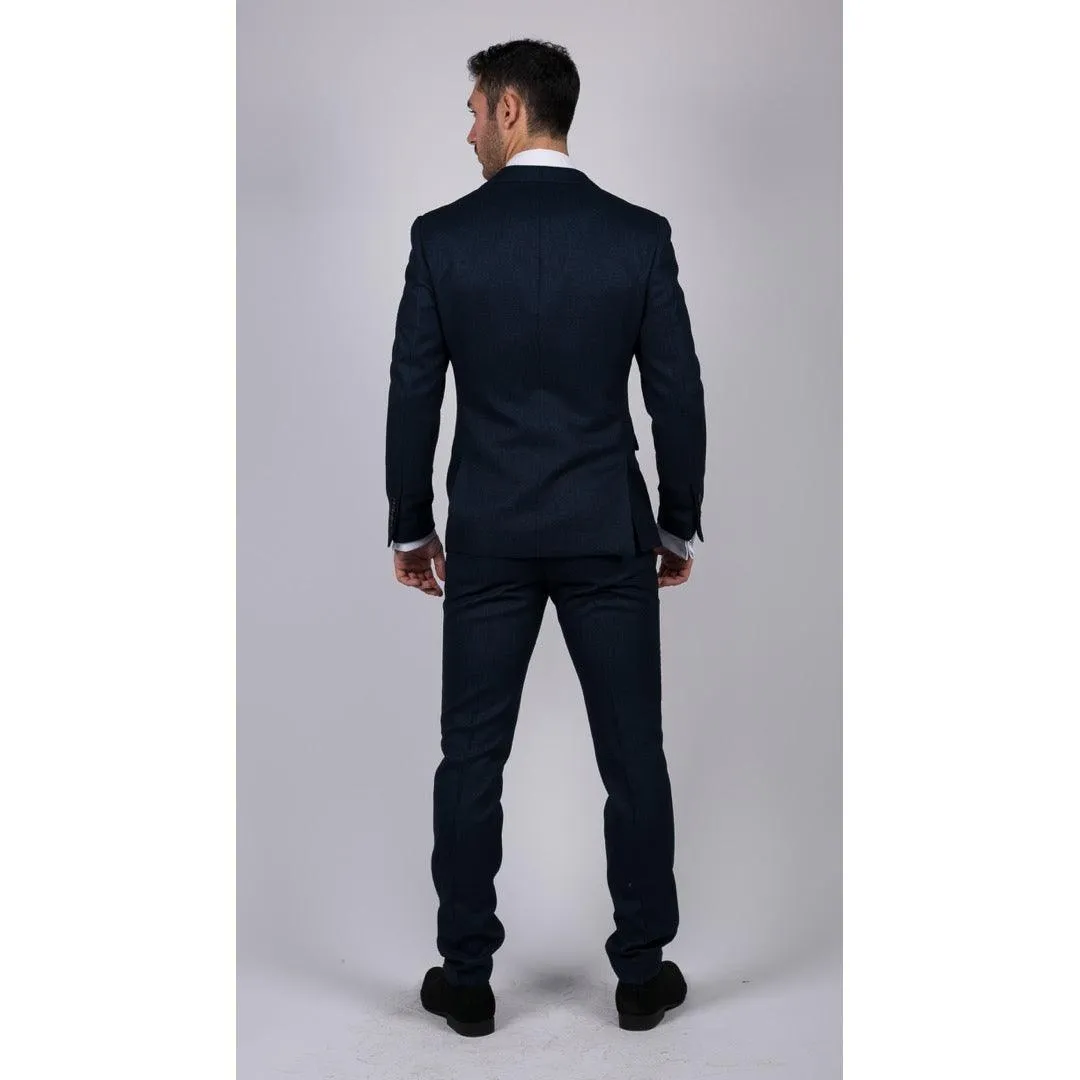 Mens Navy Blue 3 Piece Suit Birdseye Suit Wedding Prom Formal Smart Classic